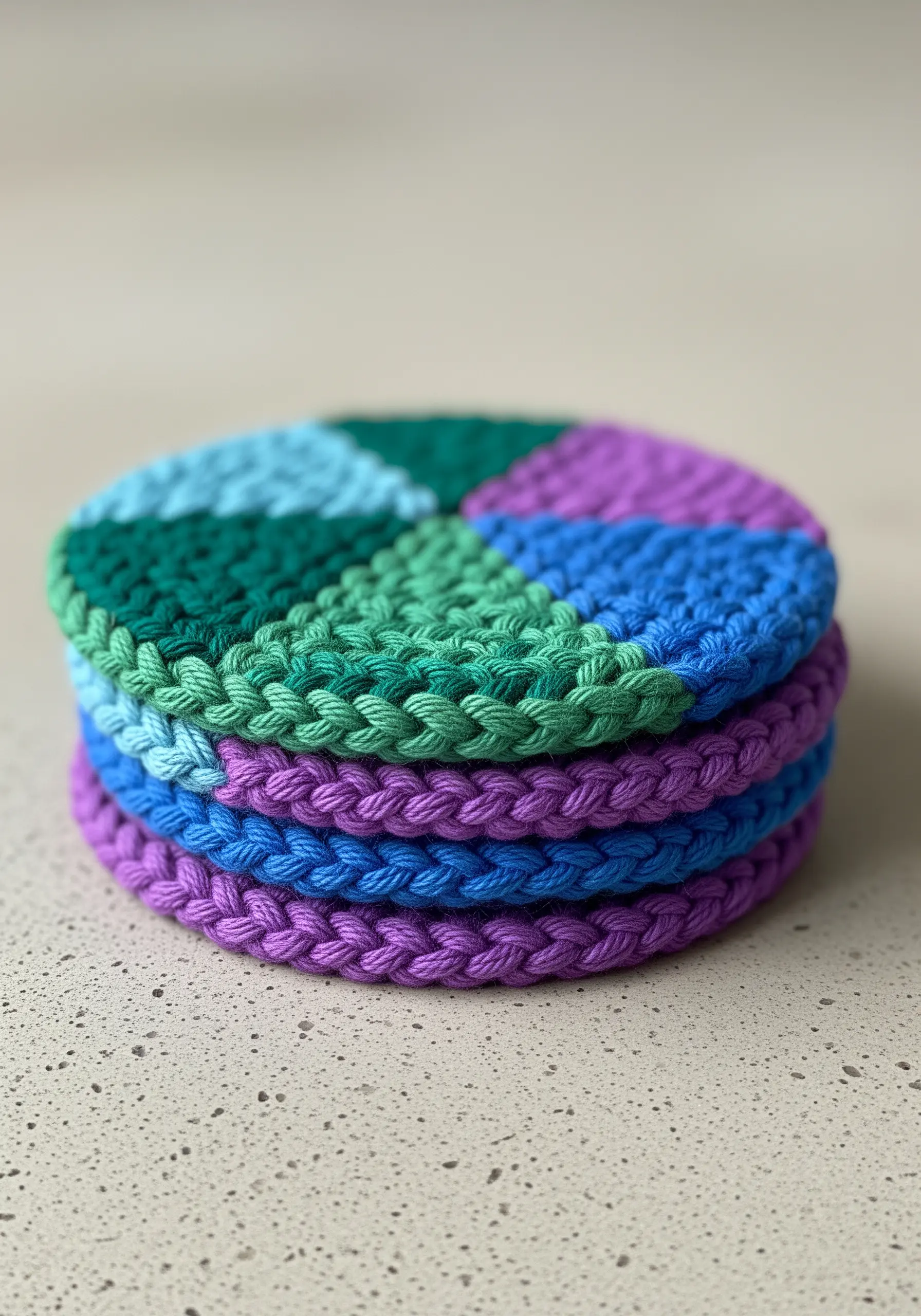 A stack of round, color-blocked crochet coasters in shades of blue, green, and purple.