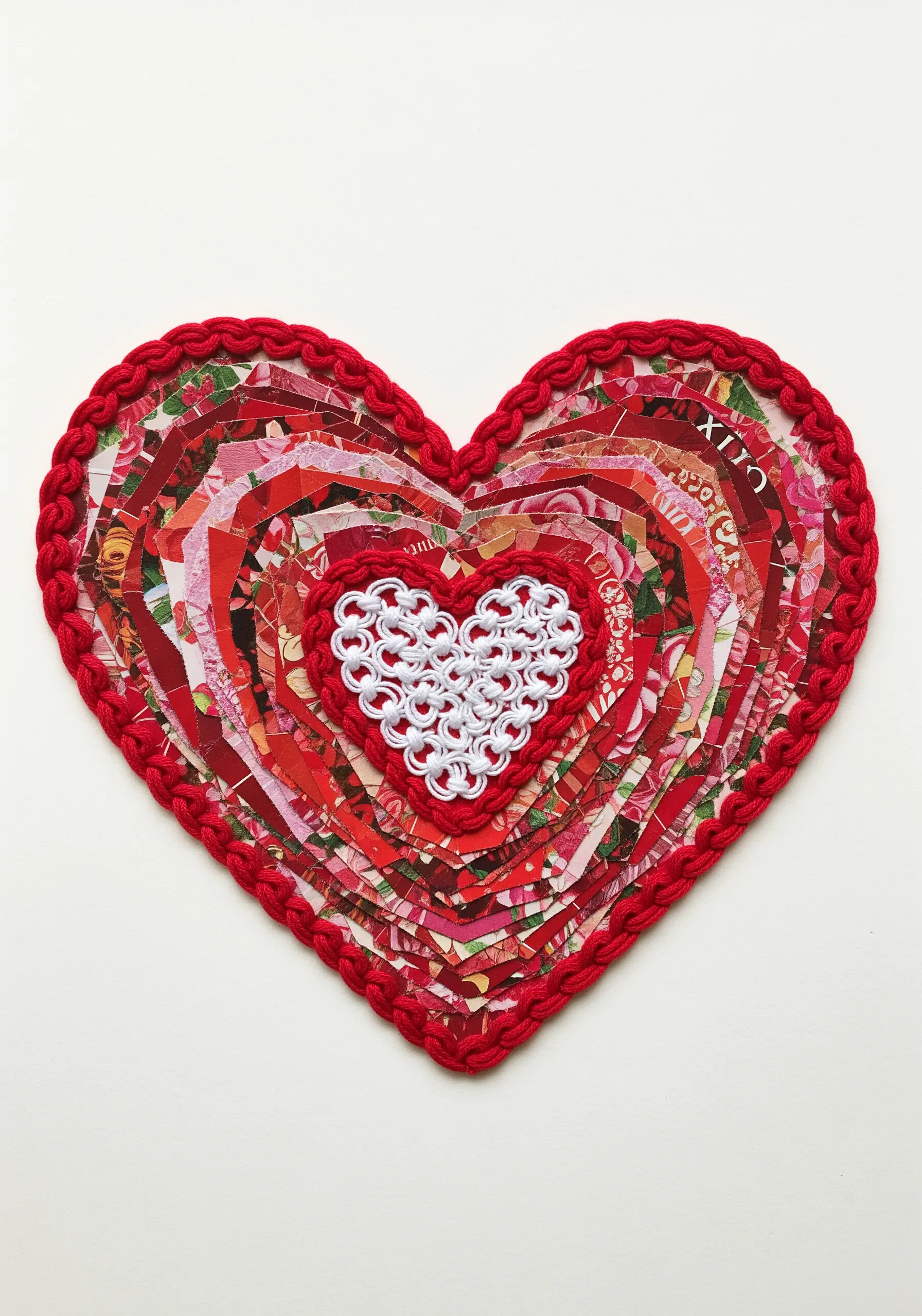 A heart-shaped paper collage framed with a red crocheted border.