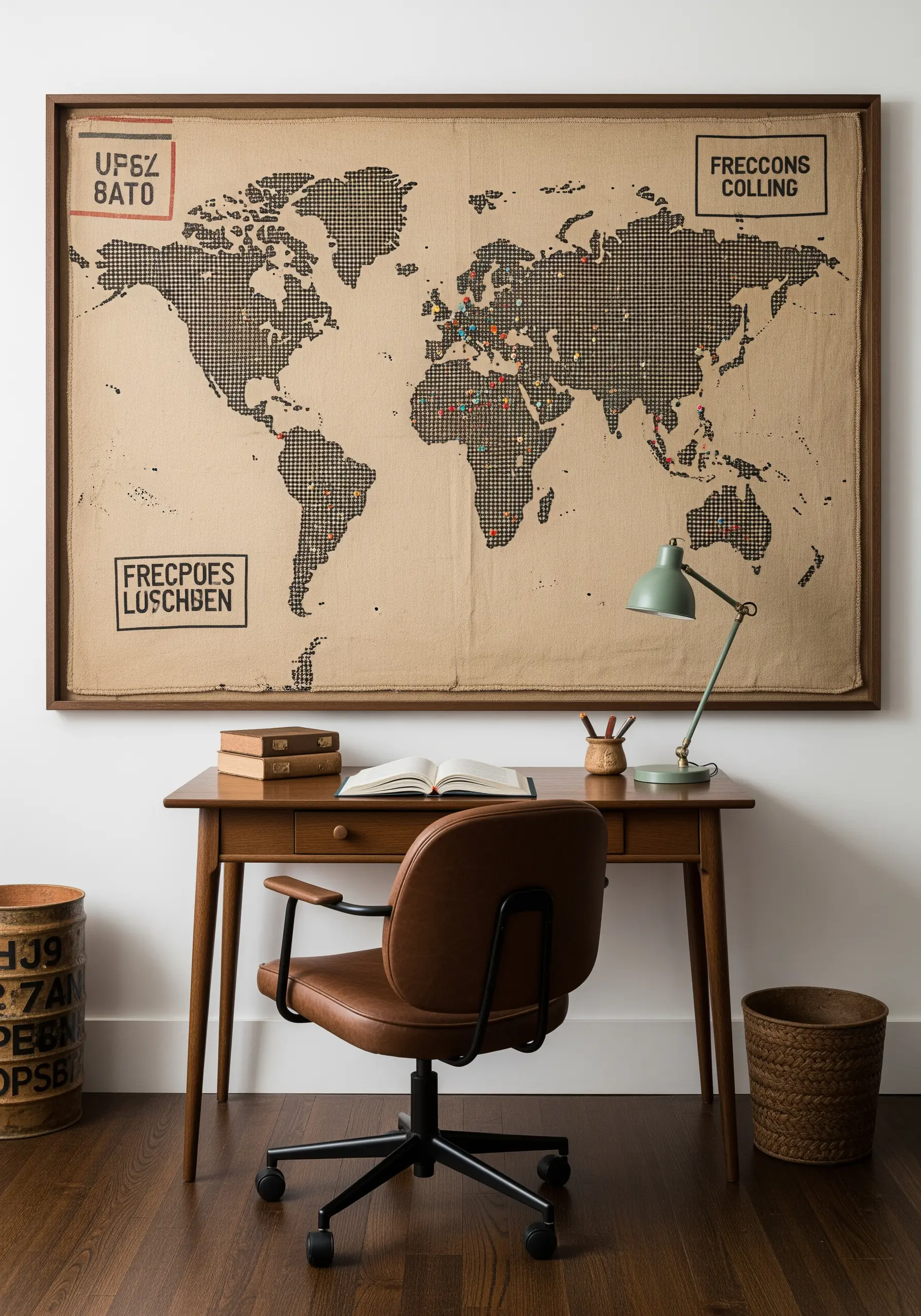 A large, framed world map made of black cross-stitches on a burlap canvas.