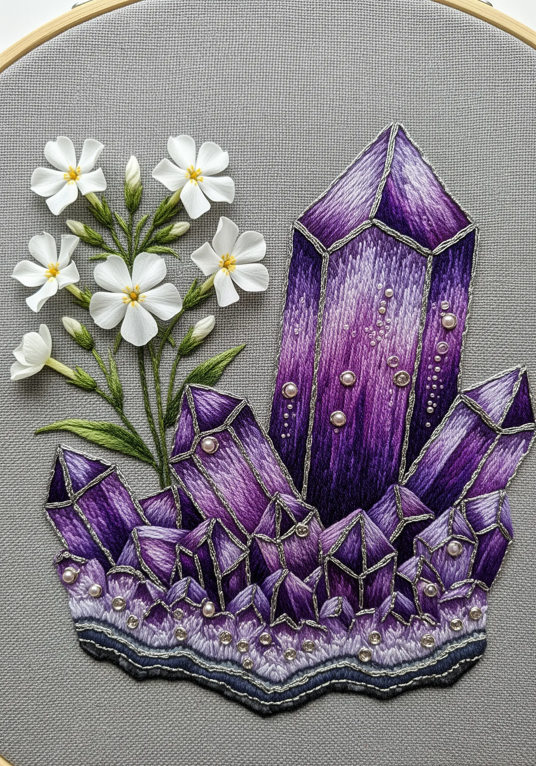 Embroidery of a purple amethyst crystal cluster next to small white flowers, outlined in silver.