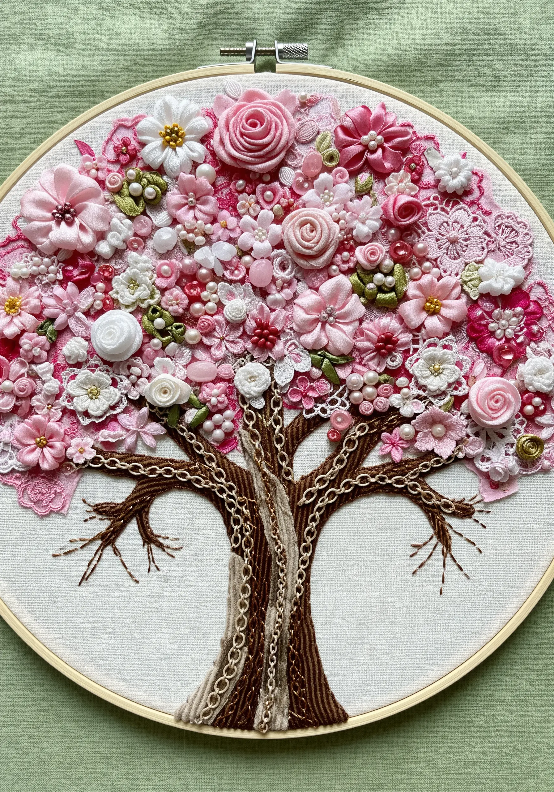 A vibrant tree of life with a yarn trunk and a dense canopy of pink ribbon flowers, lace, and beads.