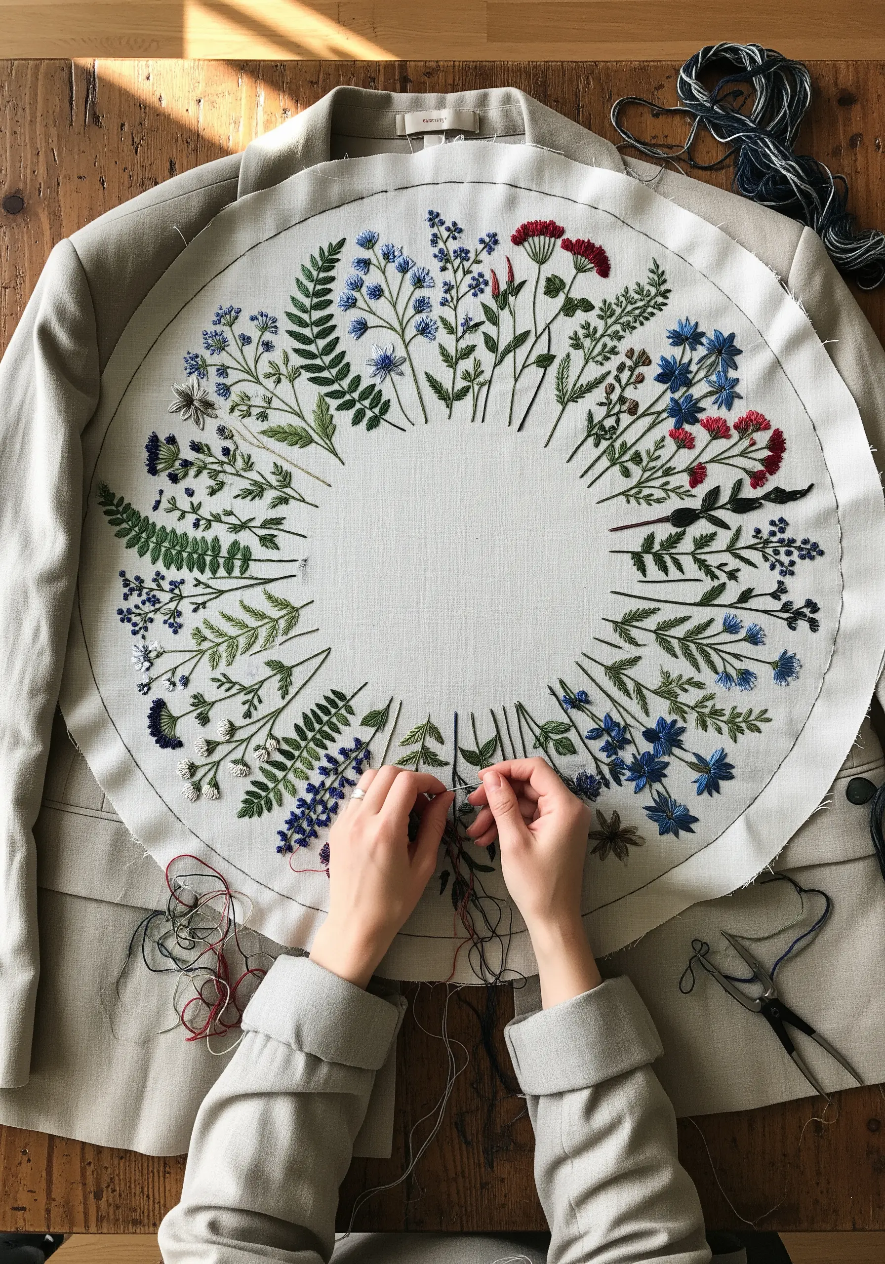 Hands embroidering a circular botanical pattern of ferns and wildflowers onto a linen panel.