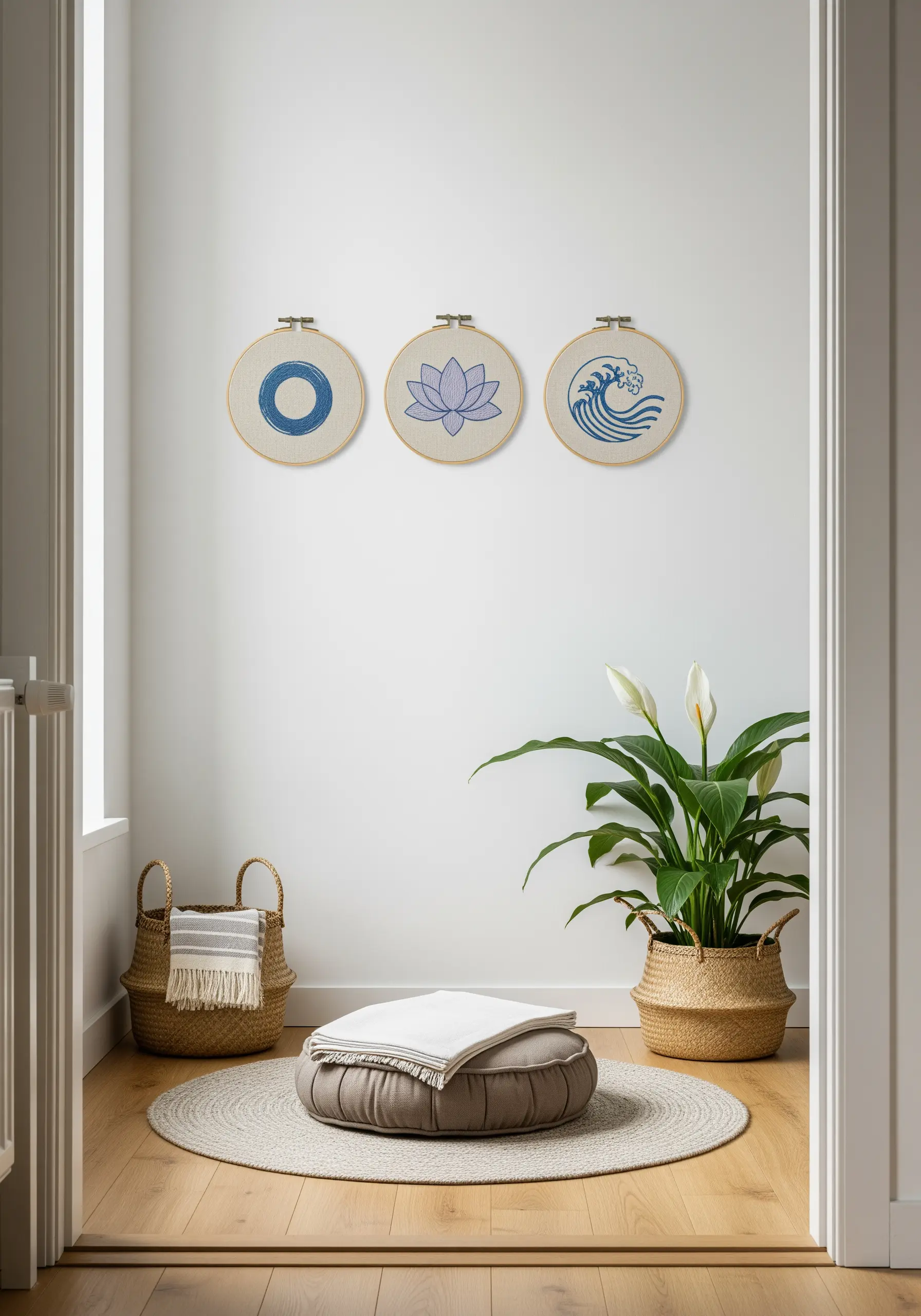 Three embroidery hoops with Zen symbols—a circle, a lotus, and a wave—in a calm meditation corner