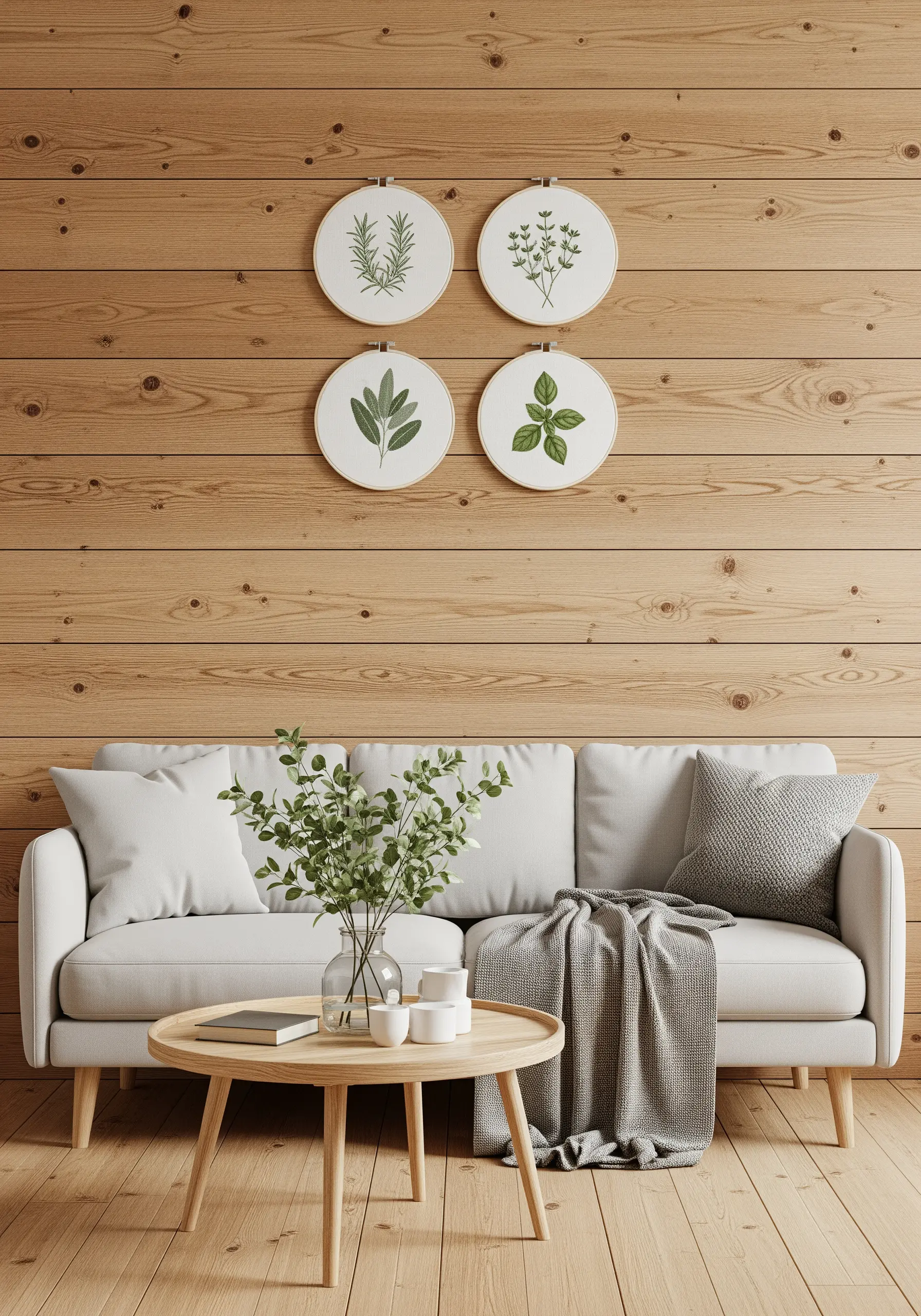 Four embroidery hoops with different green herb designs hanging on a wooden wall