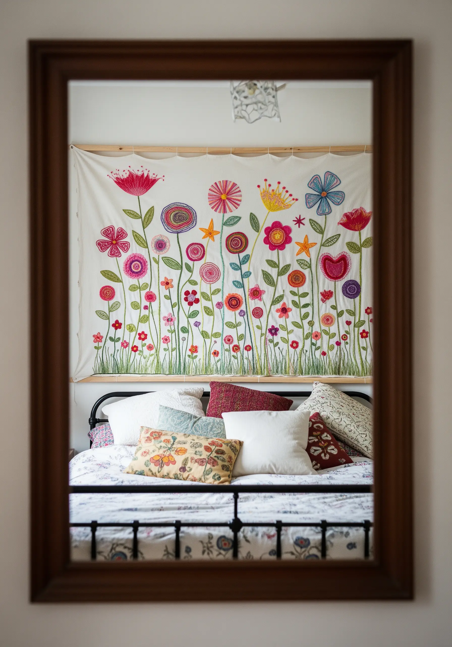 A colorful, whimsical embroidered garden with stylized flowers and stars on a wall tapestry.