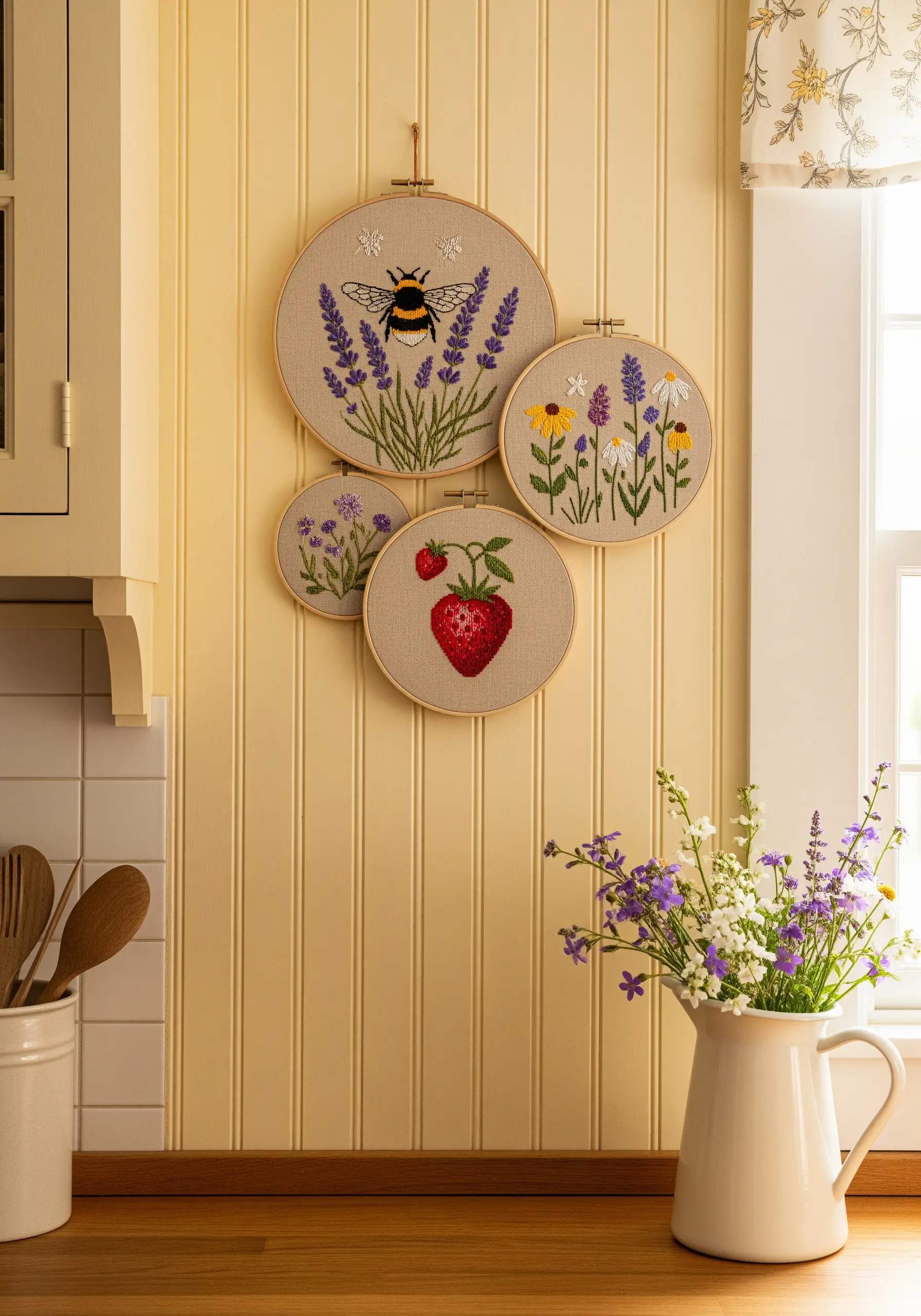 A collection of four garden-themed embroidery hoops featuring a bee, strawberry, and wildflowers.