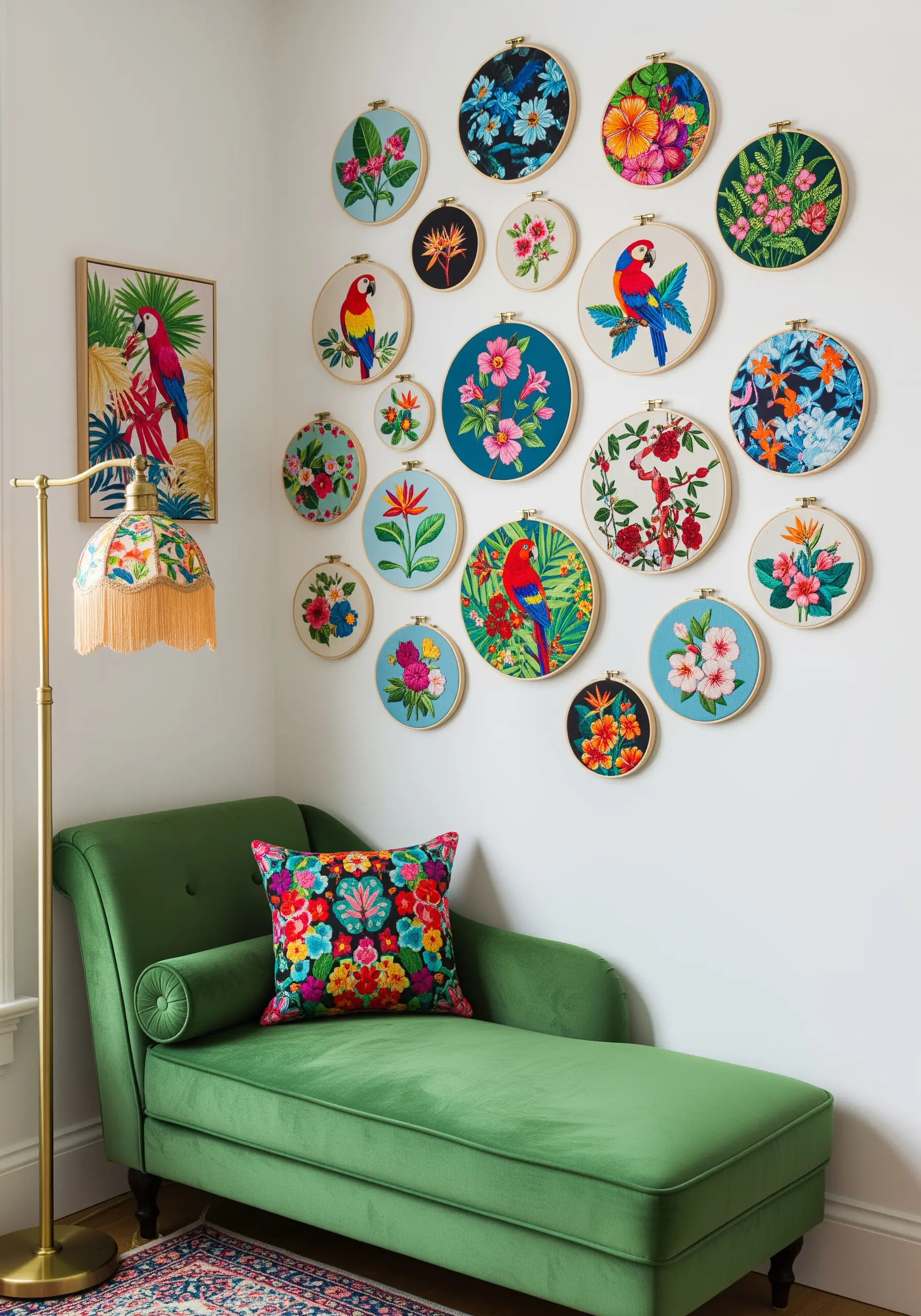 A dense gallery wall of colorful tropical and floral embroidery hoops.