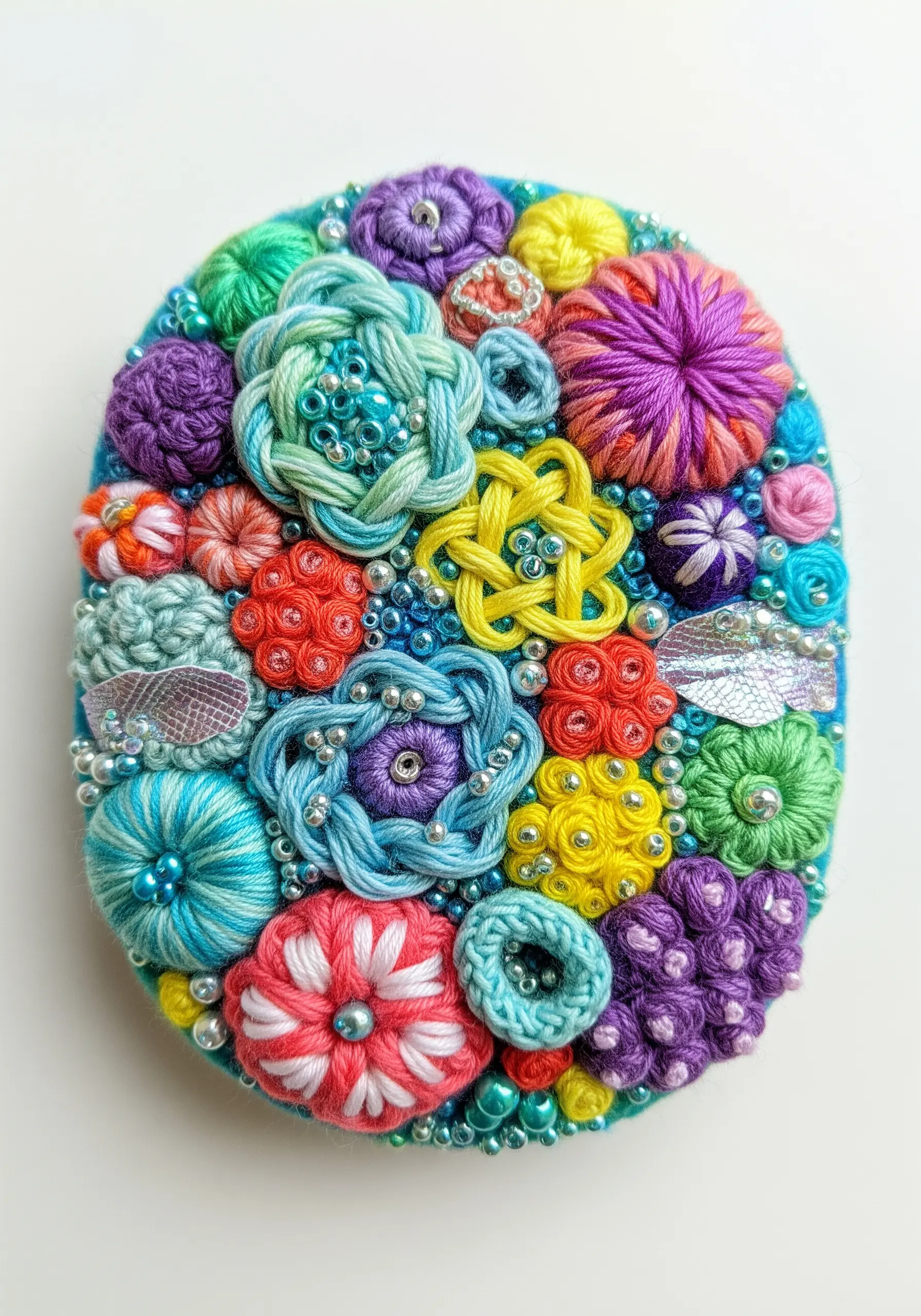 A colorful, densely embroidered oval brooch with 3D floral stitches and beadwork.