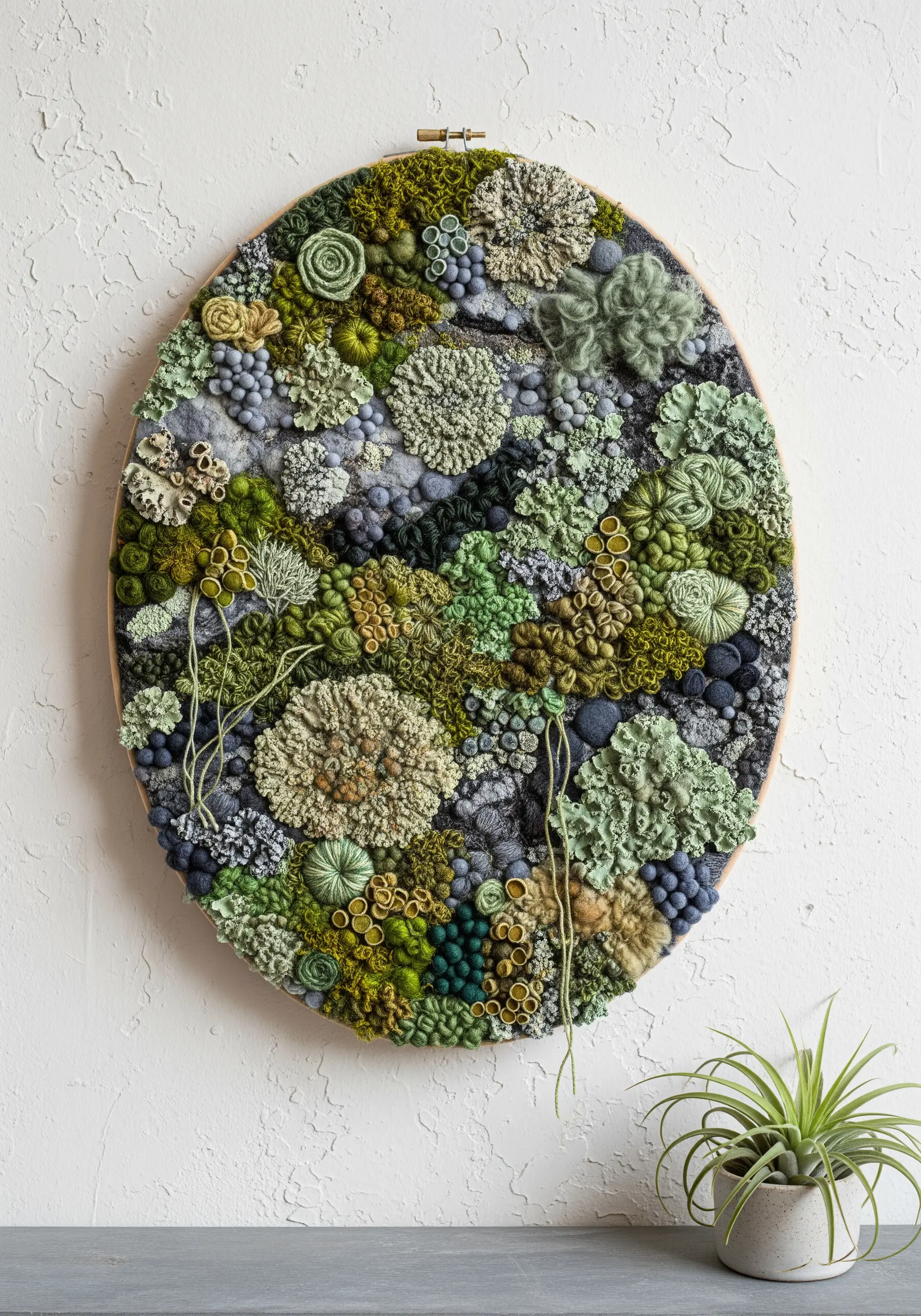 Oval hoop filled with dense, textural embroidery mimicking moss in shades of green and blue.