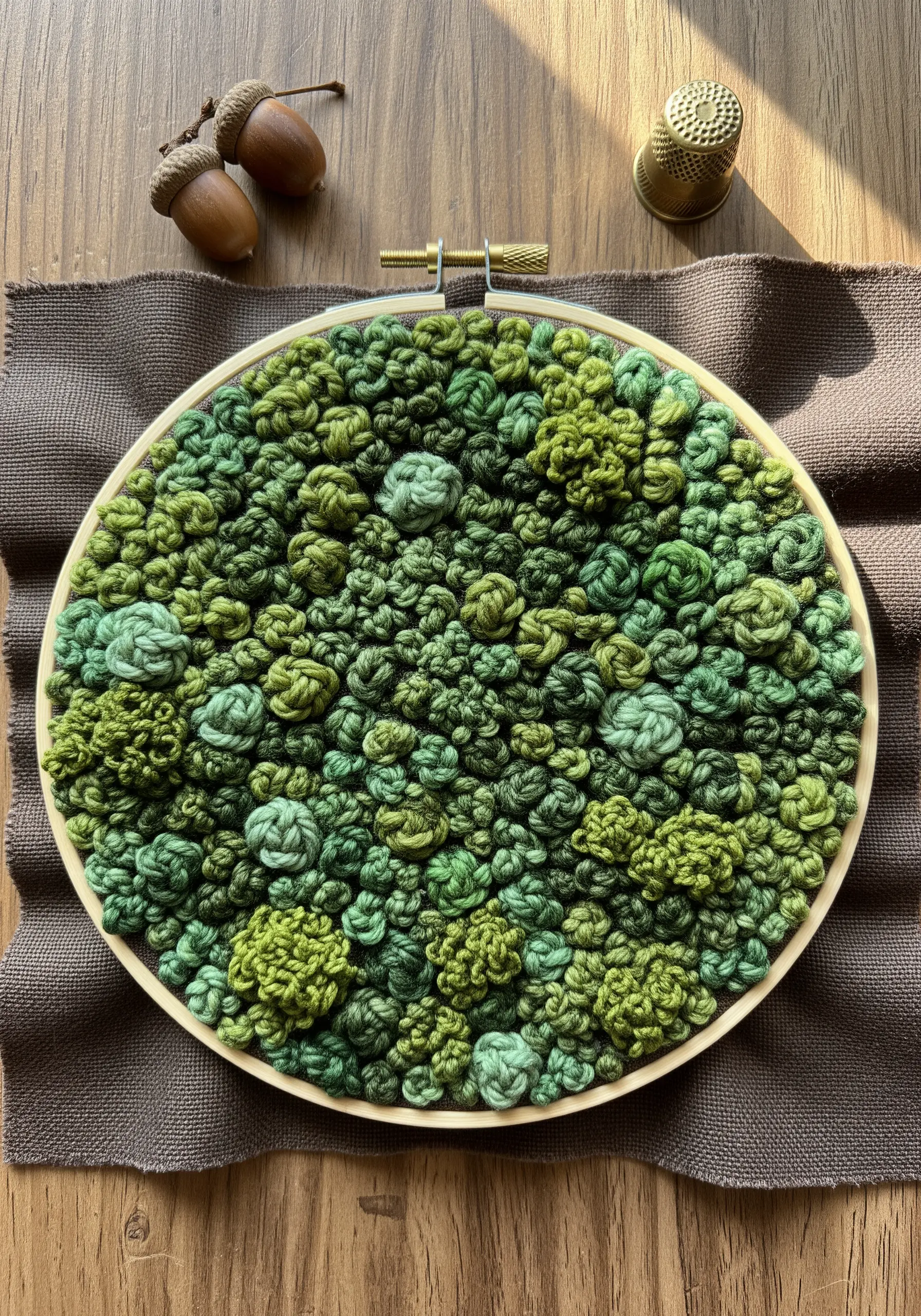 Dense, three-dimensional moss effect created with green French knots of varying sizes and shades.