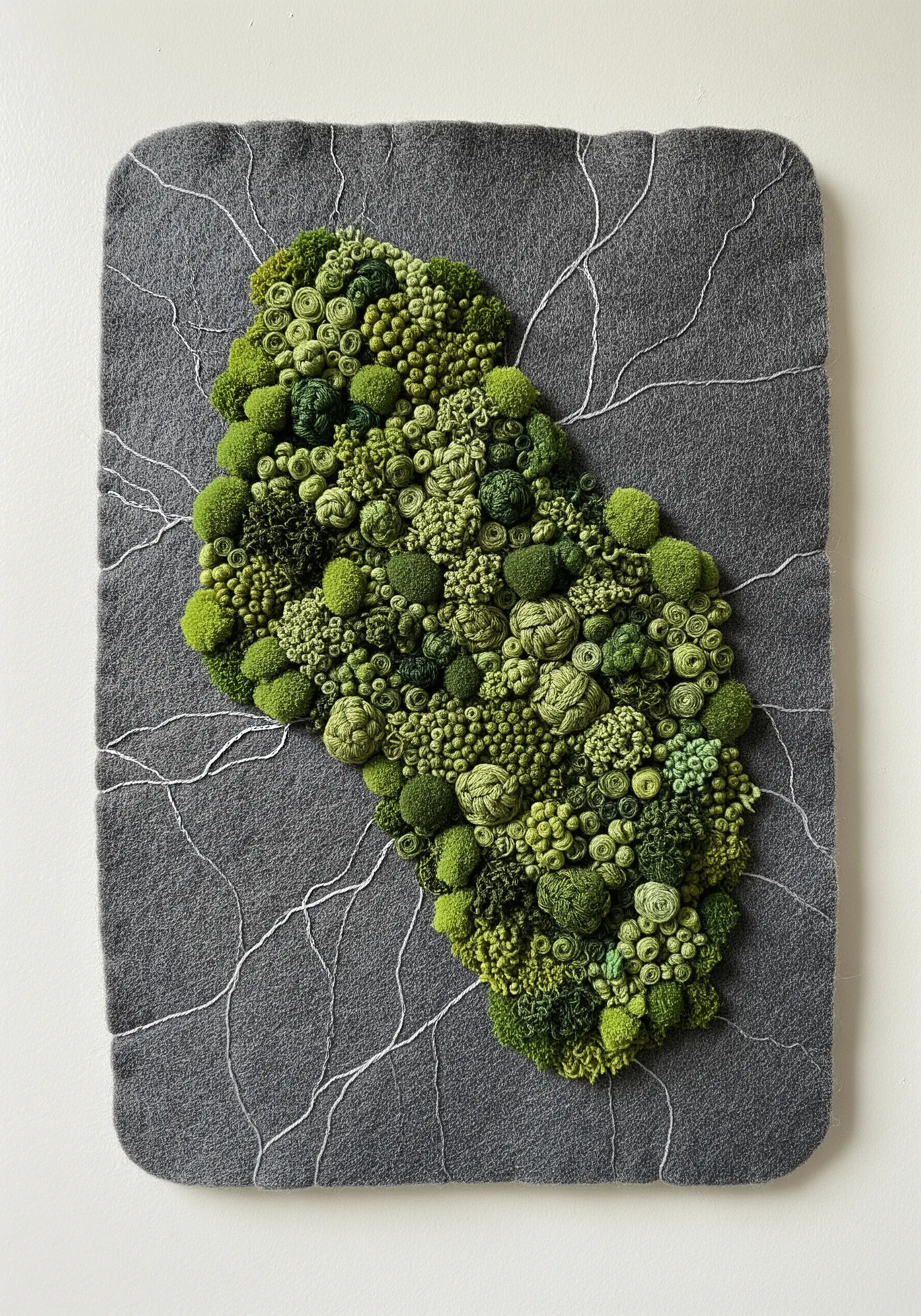 A three-dimensional embroidery of green moss on a gray felt base with crackled lines.