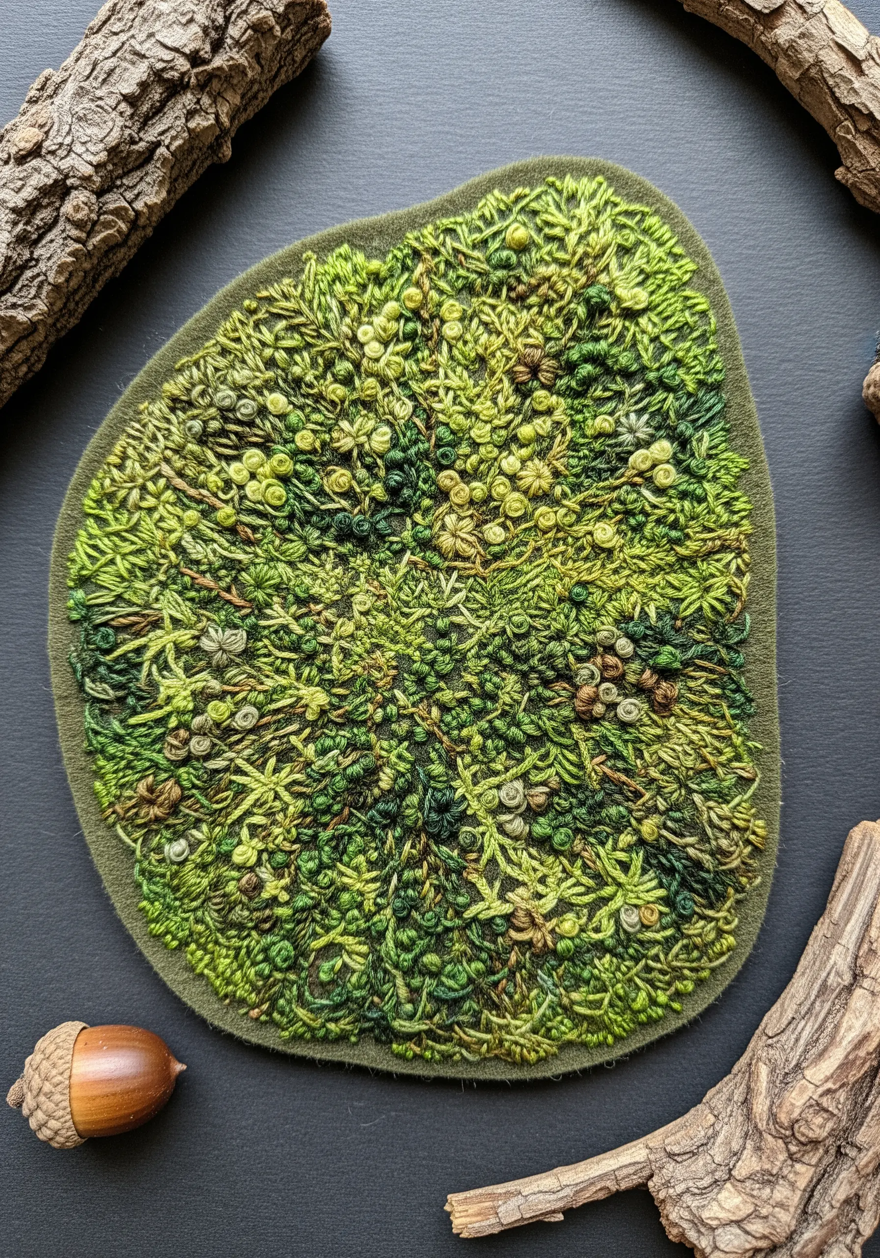 An abstract, organic shape filled with a dense texture of green and brown embroidery stitches like moss