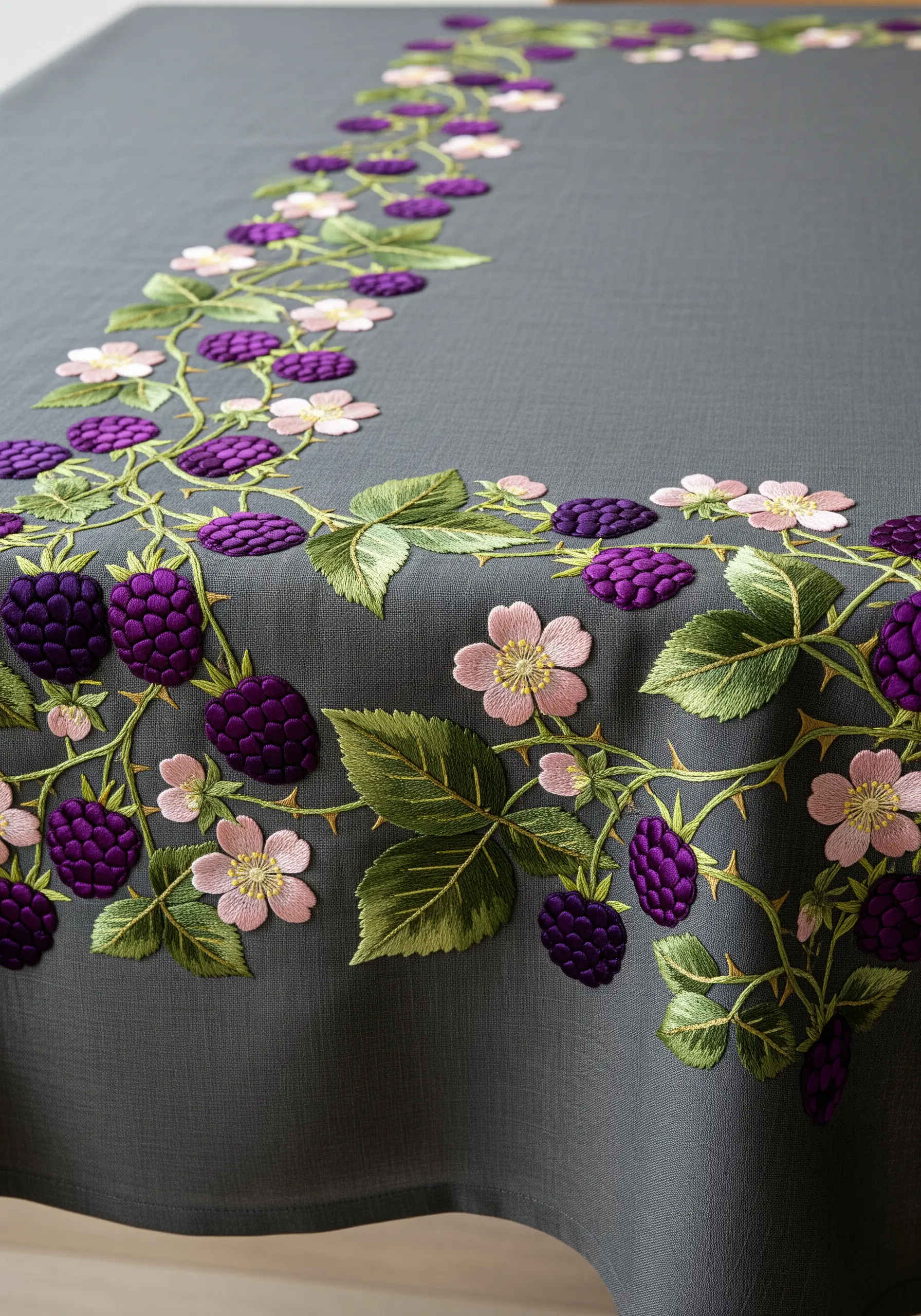 A lush border of embroidered blackberries, pink blossoms, and green leaves on a charcoal tablecloth.