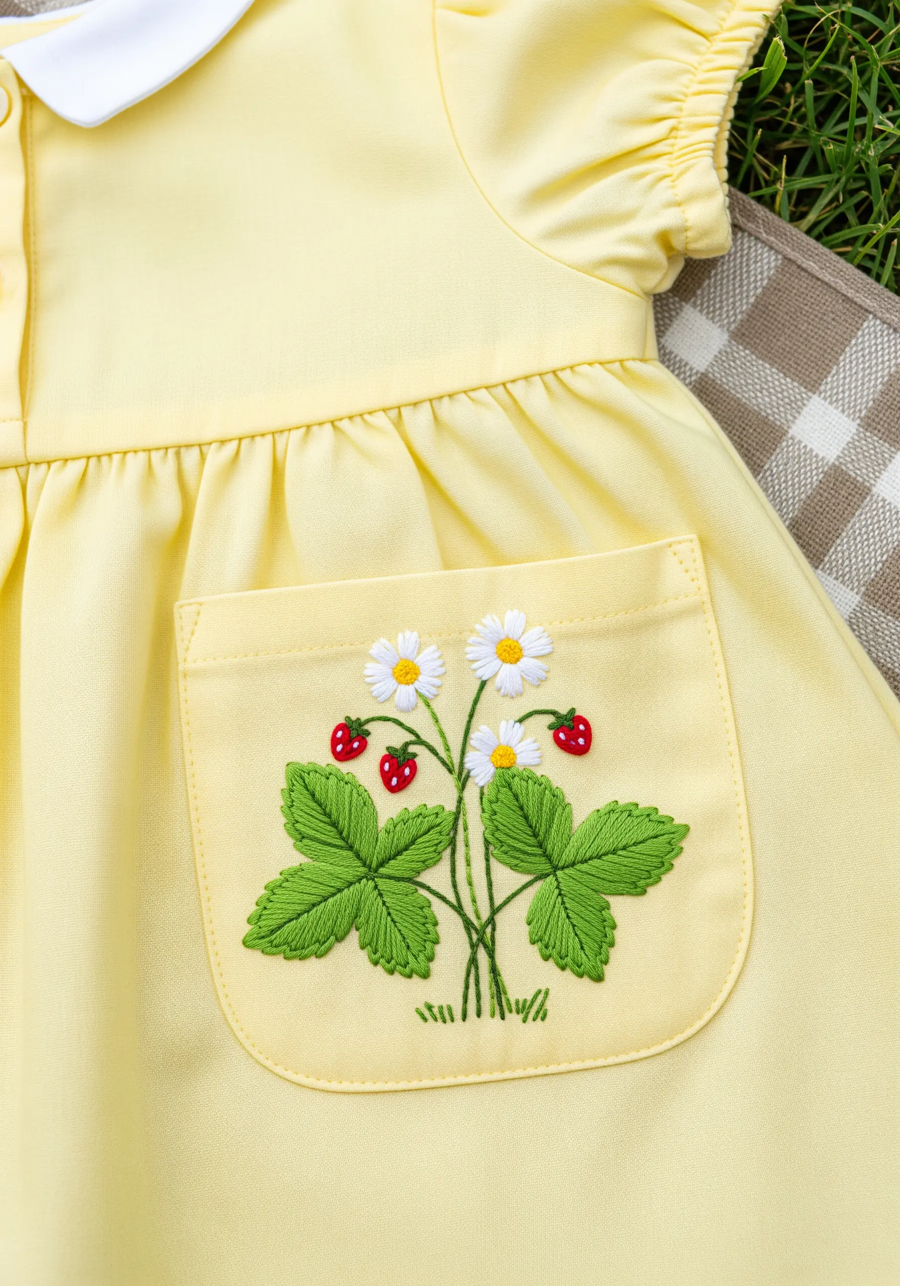 A strawberry plant with leaves, flowers, and fruit embroidered on a yellow dress pocket.