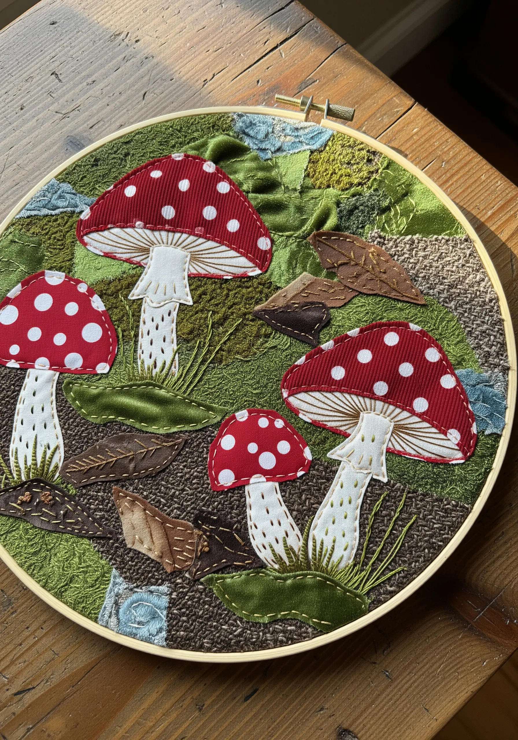 Embroidery hoop with a collage of red-capped mushrooms made from various textured fabrics