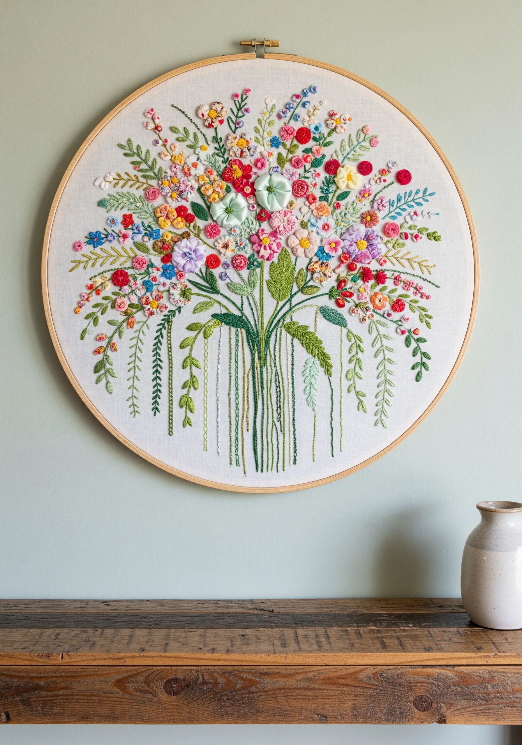 Large embroidery hoop with a dense, colorful bouquet of 3D floral stitches.