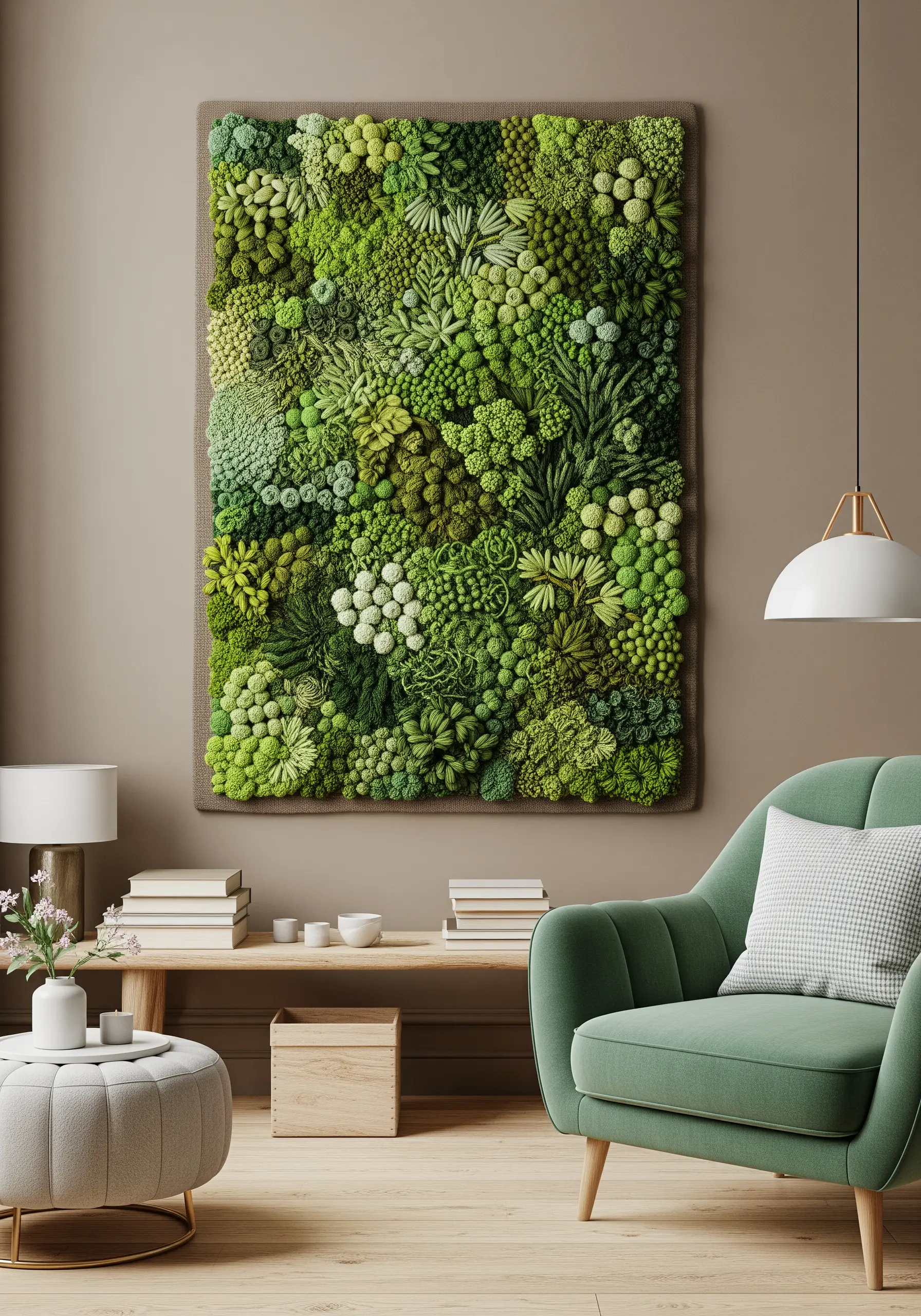 A highly textural, three-dimensional embroidered tapestry that mimics a lush wall of green moss.