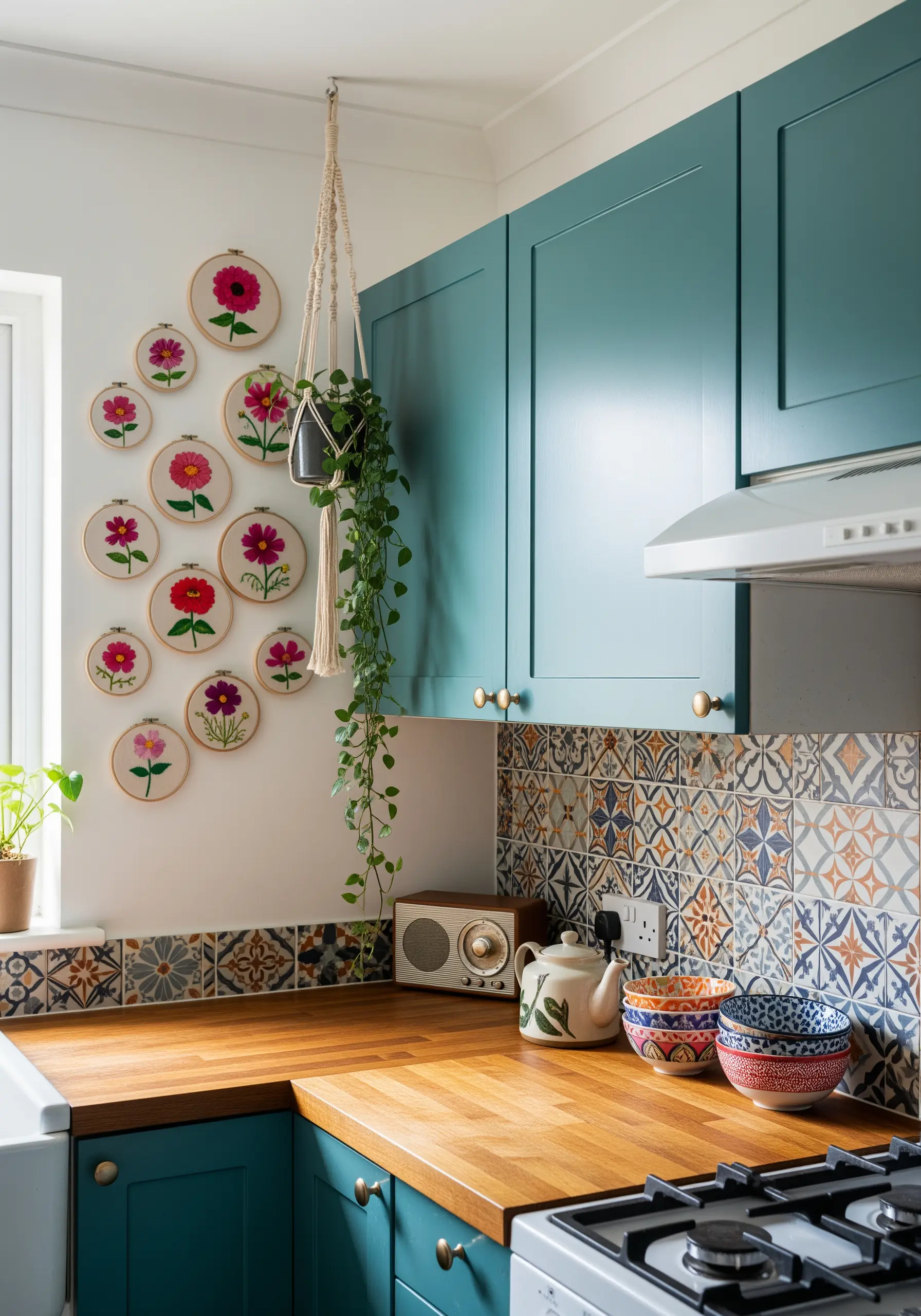A gallery wall of various-sized floral embroidery hoops next to teal kitchen cabinets.