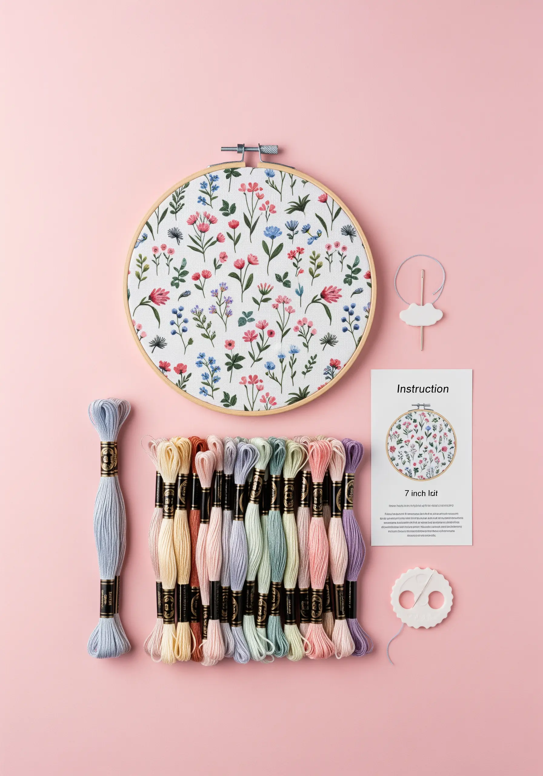 Embroidery hoop filled with a dense pattern of colorful, delicate wildflowers.