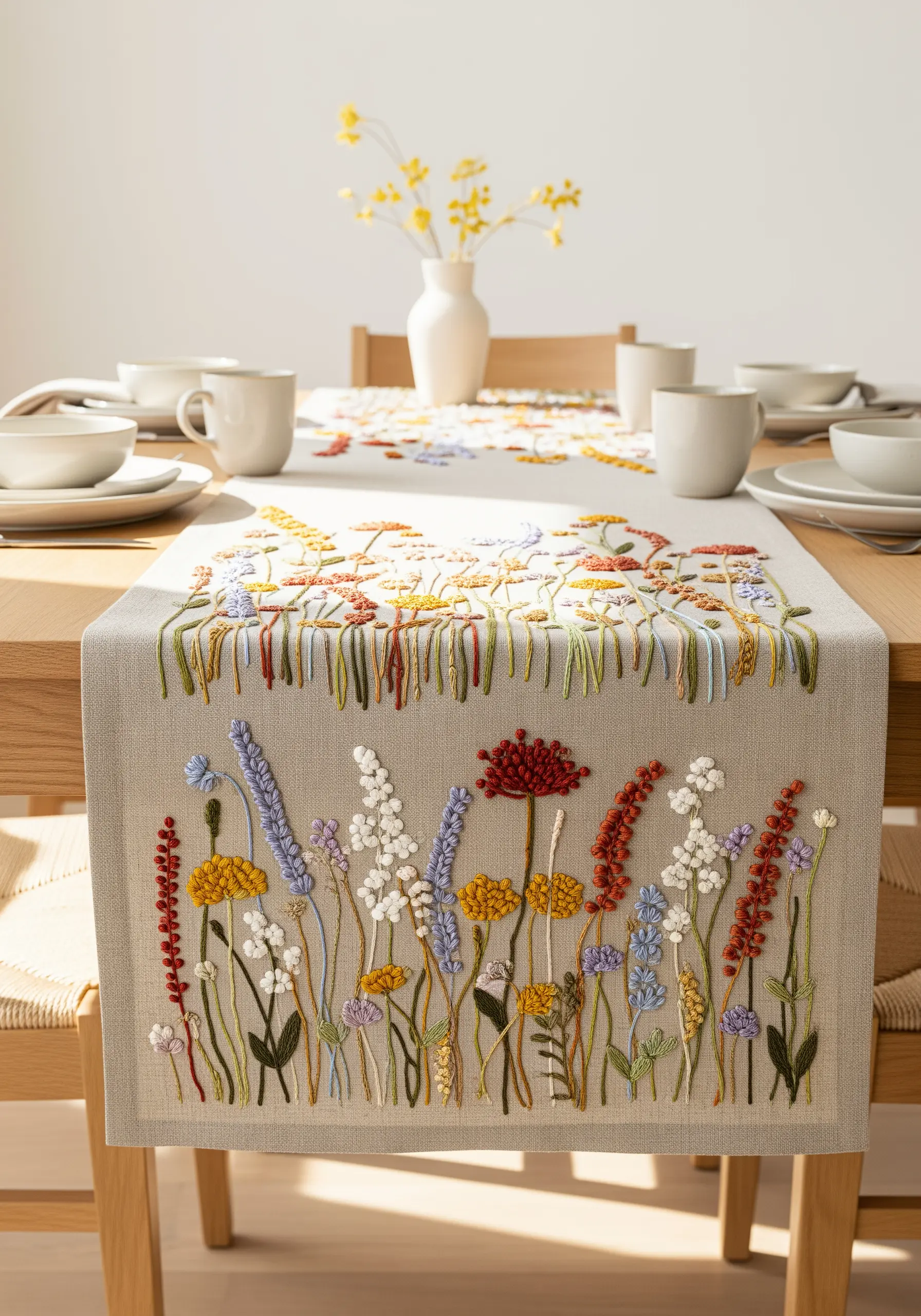 A linen table runner embroidered with a dense, colorful wildflower meadow design.