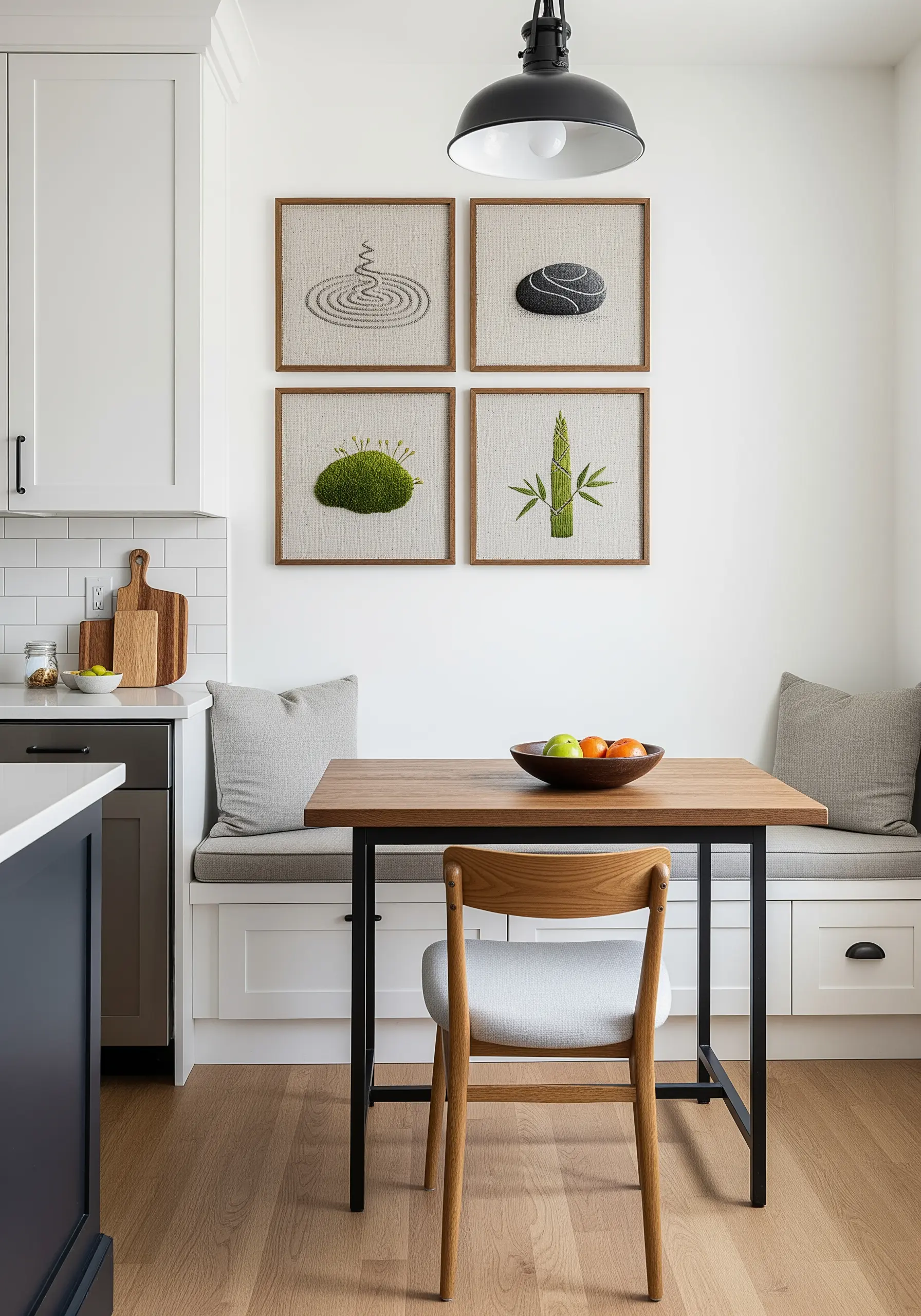 A four-piece set of framed embroideries depicting zen garden elements: moss, stones, sand, bamboo.