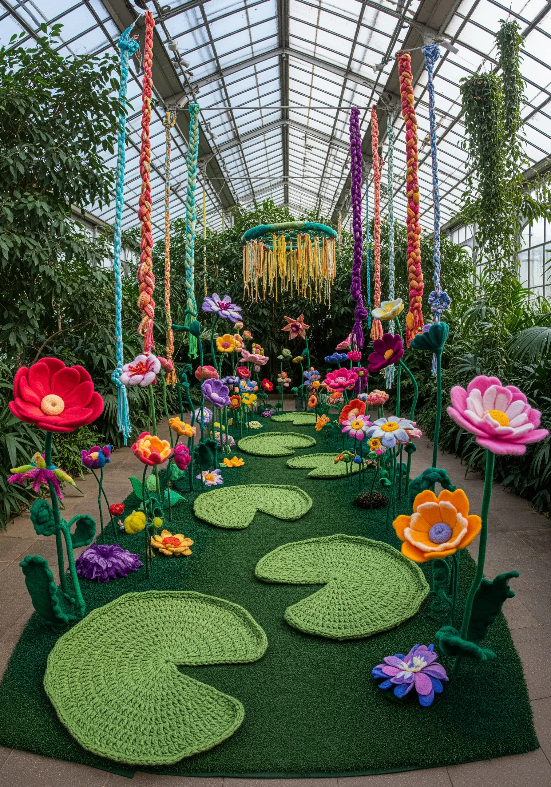 A greenhouse filled with a vibrant, whimsical garden of large, colorful crocheted flowers and plants.