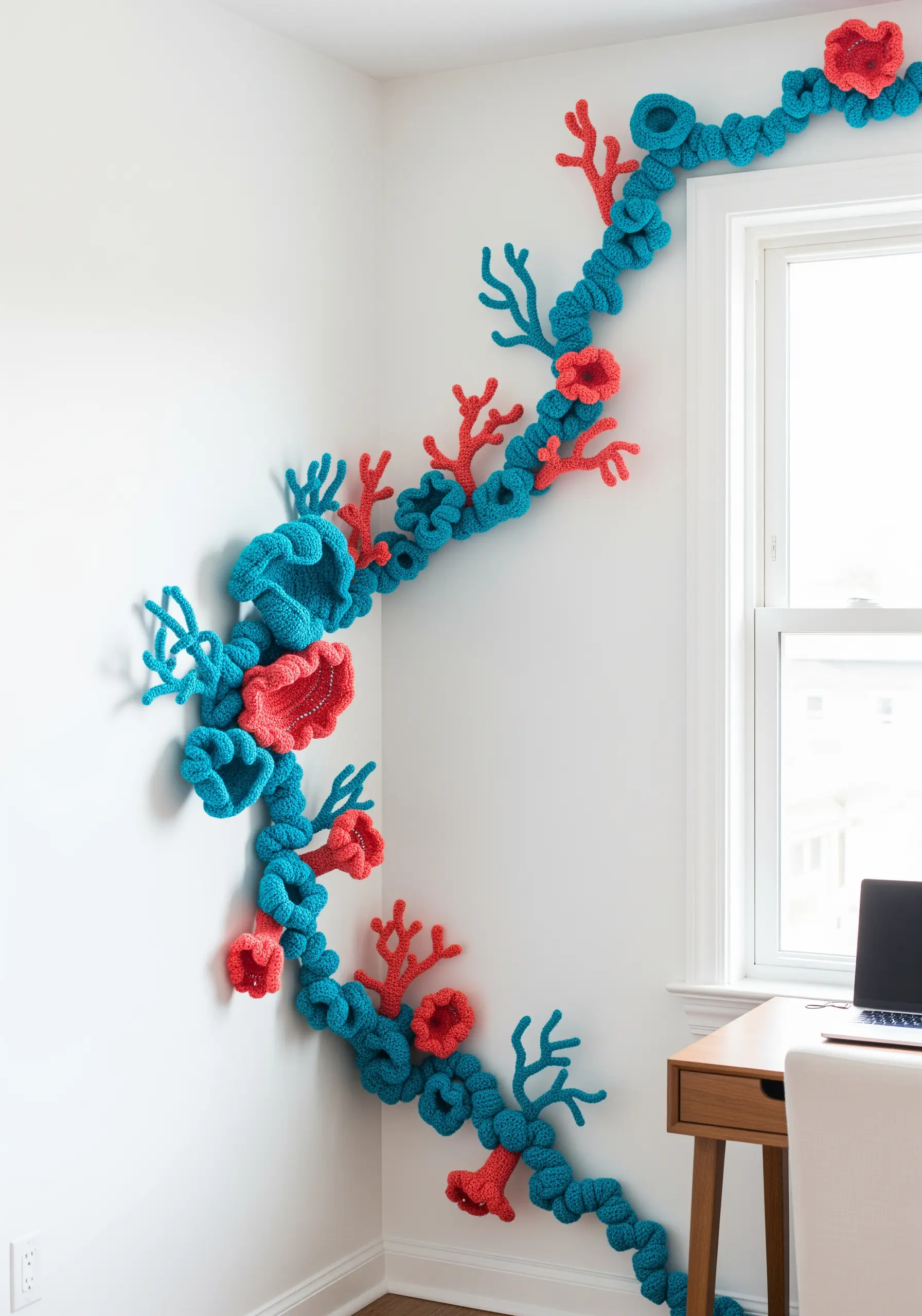 A colorful crocheted coral reef installation climbing a white wall corner.