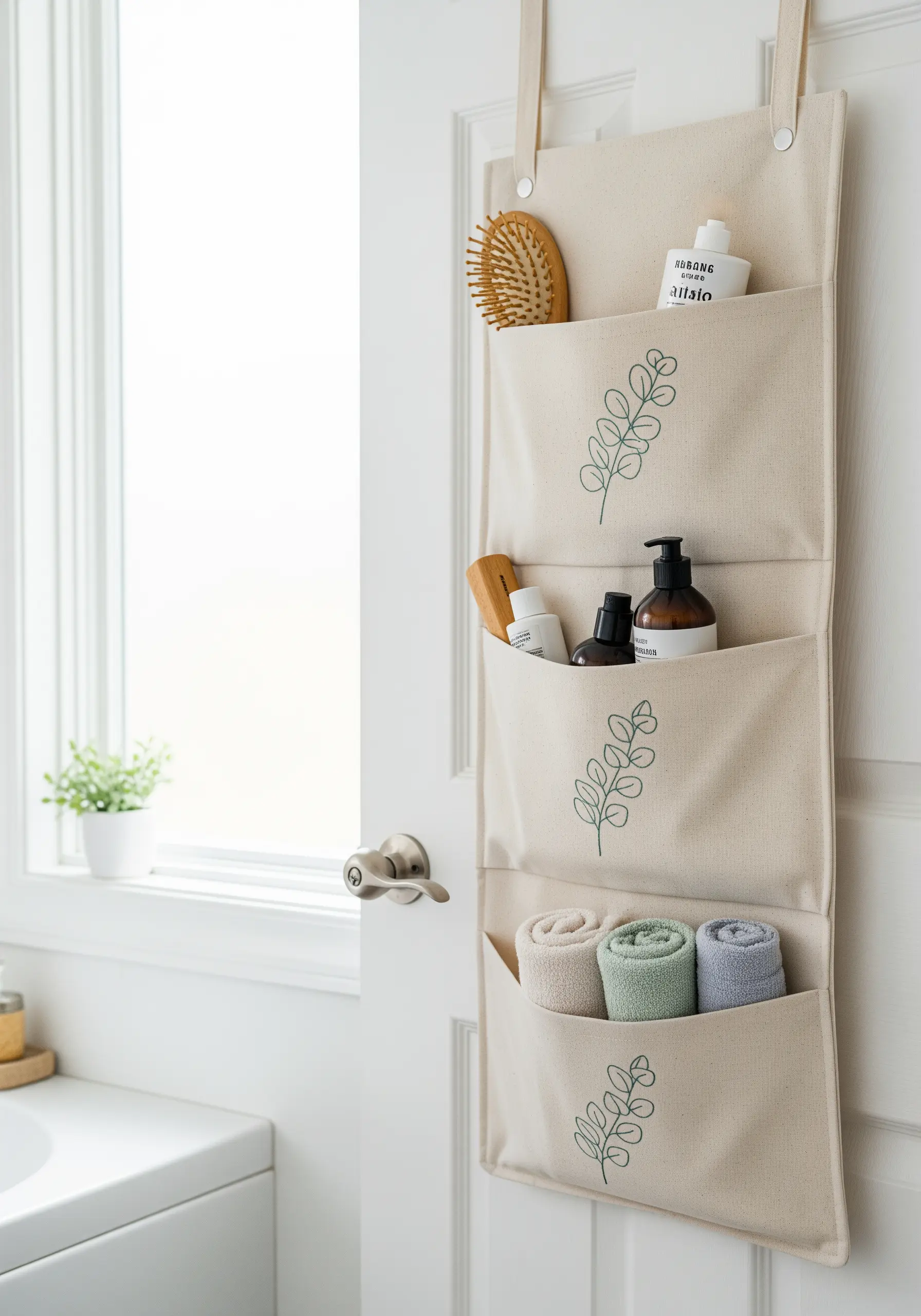 A hanging canvas organizer with three pockets, each embroidered with a simple green leaf sprig.