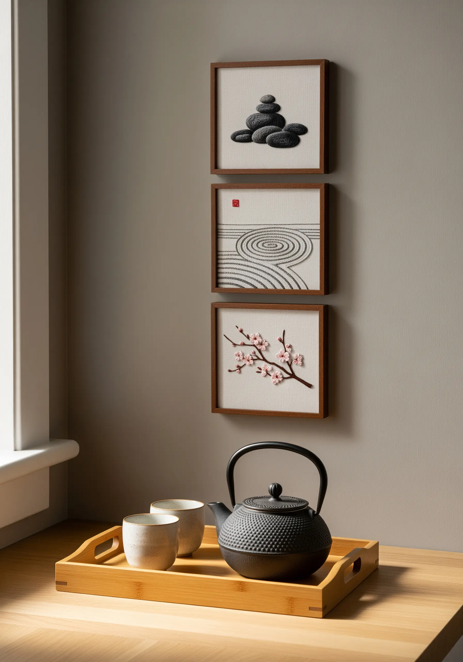 A triptych of framed Zen-inspired embroideries: stacked stones, a sand garden, and cherry blossoms.