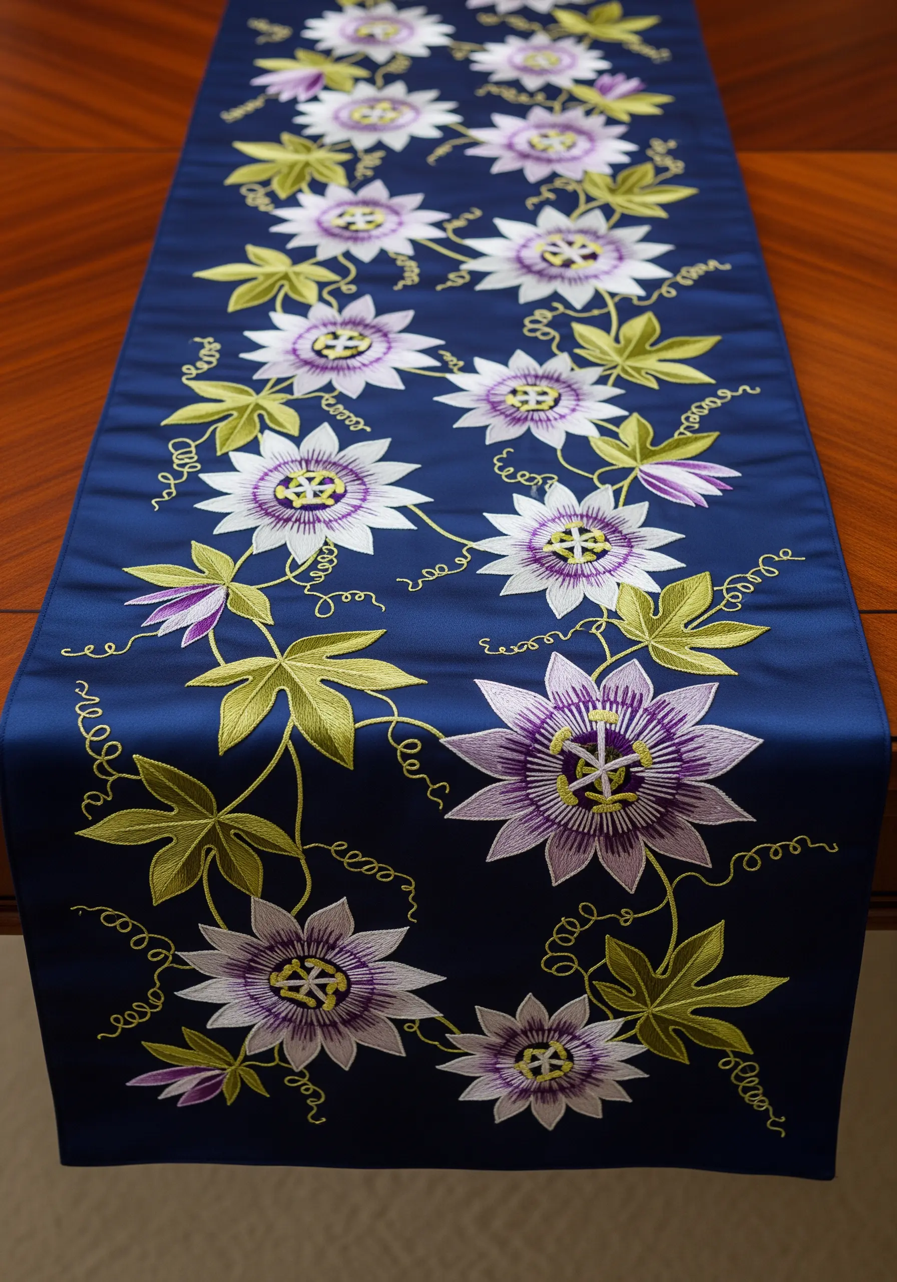 Intricate purple and white passion flower embroidery on a dark blue satin table runner.