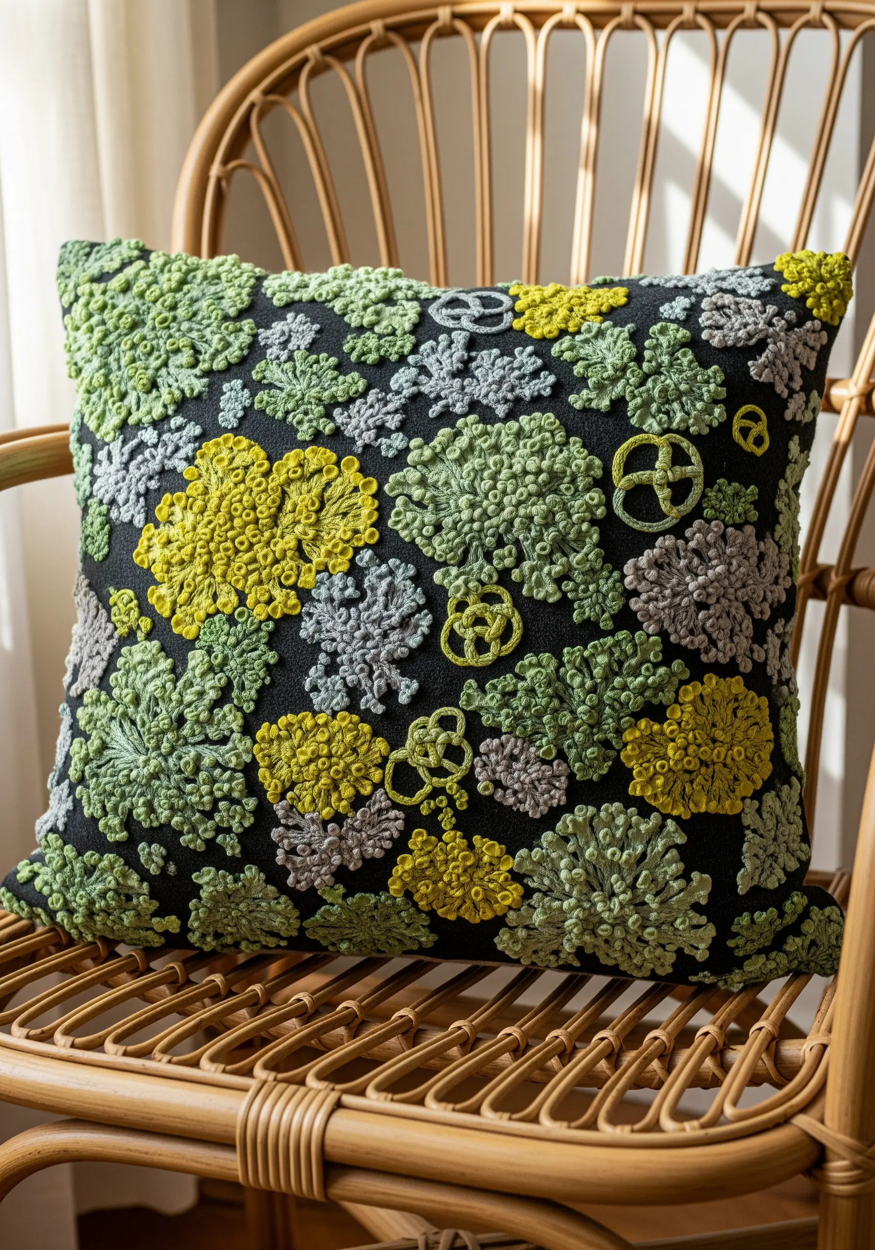 Embroidered pillow with dense clusters of French knots resembling lichen or moss.