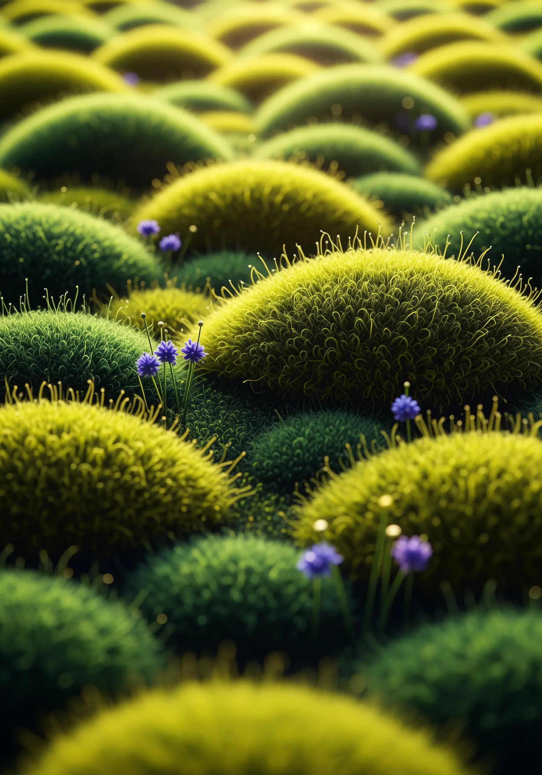 Hyperrealistic moss embroidered with extremely short, dense Turkey work in shades of green