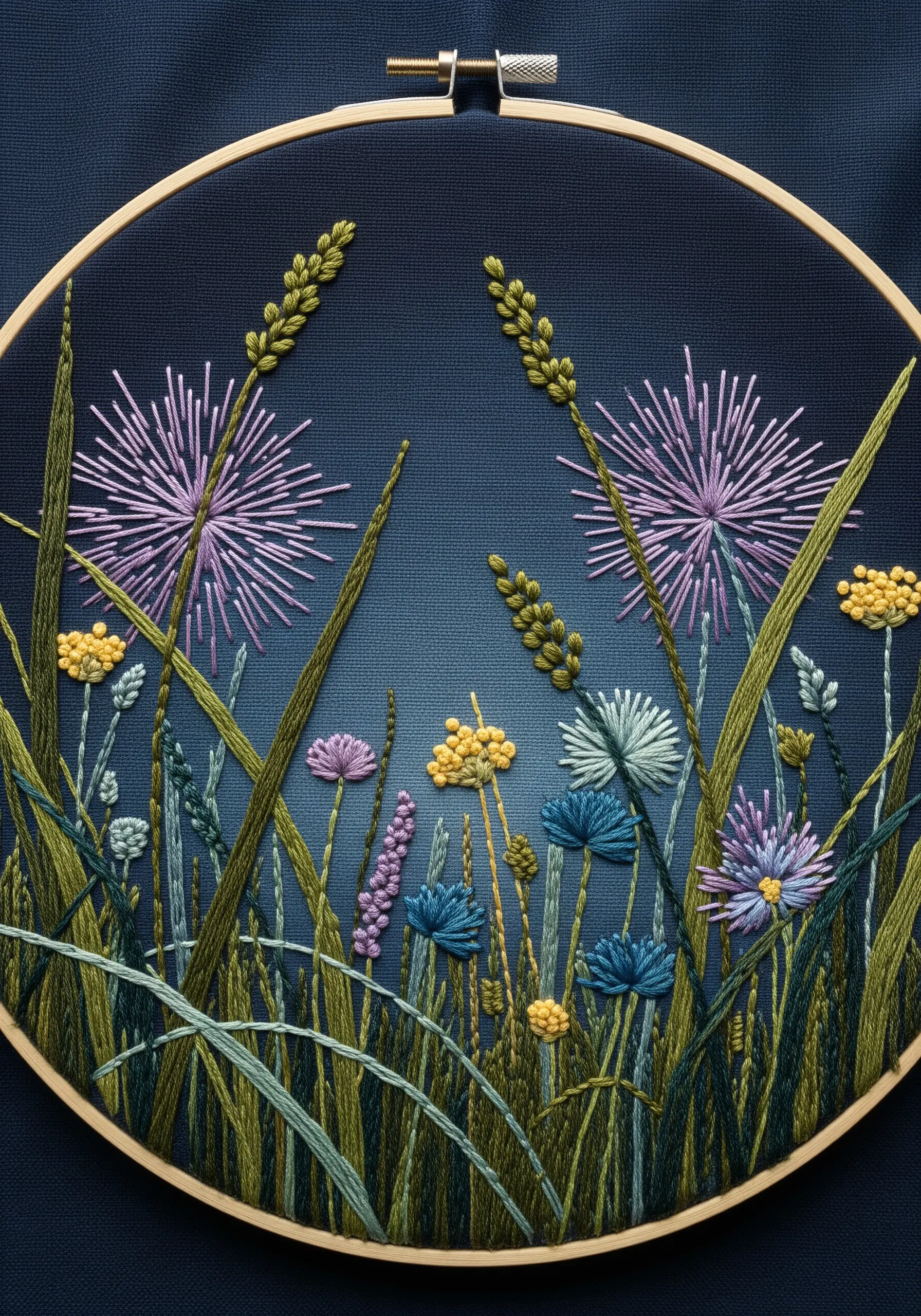 Embroidered wildflower meadow on dark fabric using a variety of stitches for texture.