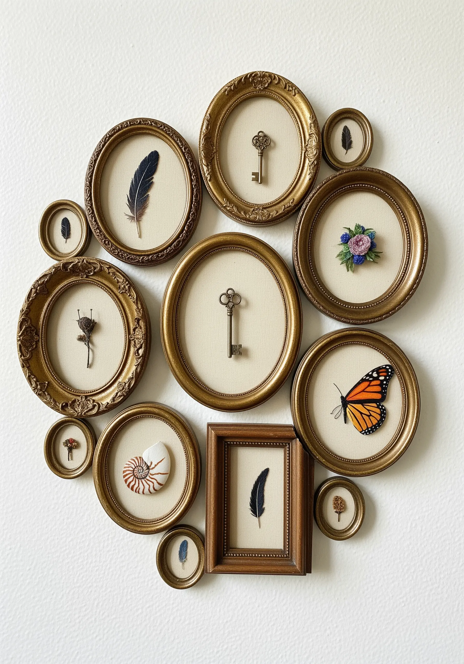 A collection of small vintage frames containing embroidered motifs, keys, and feathers.