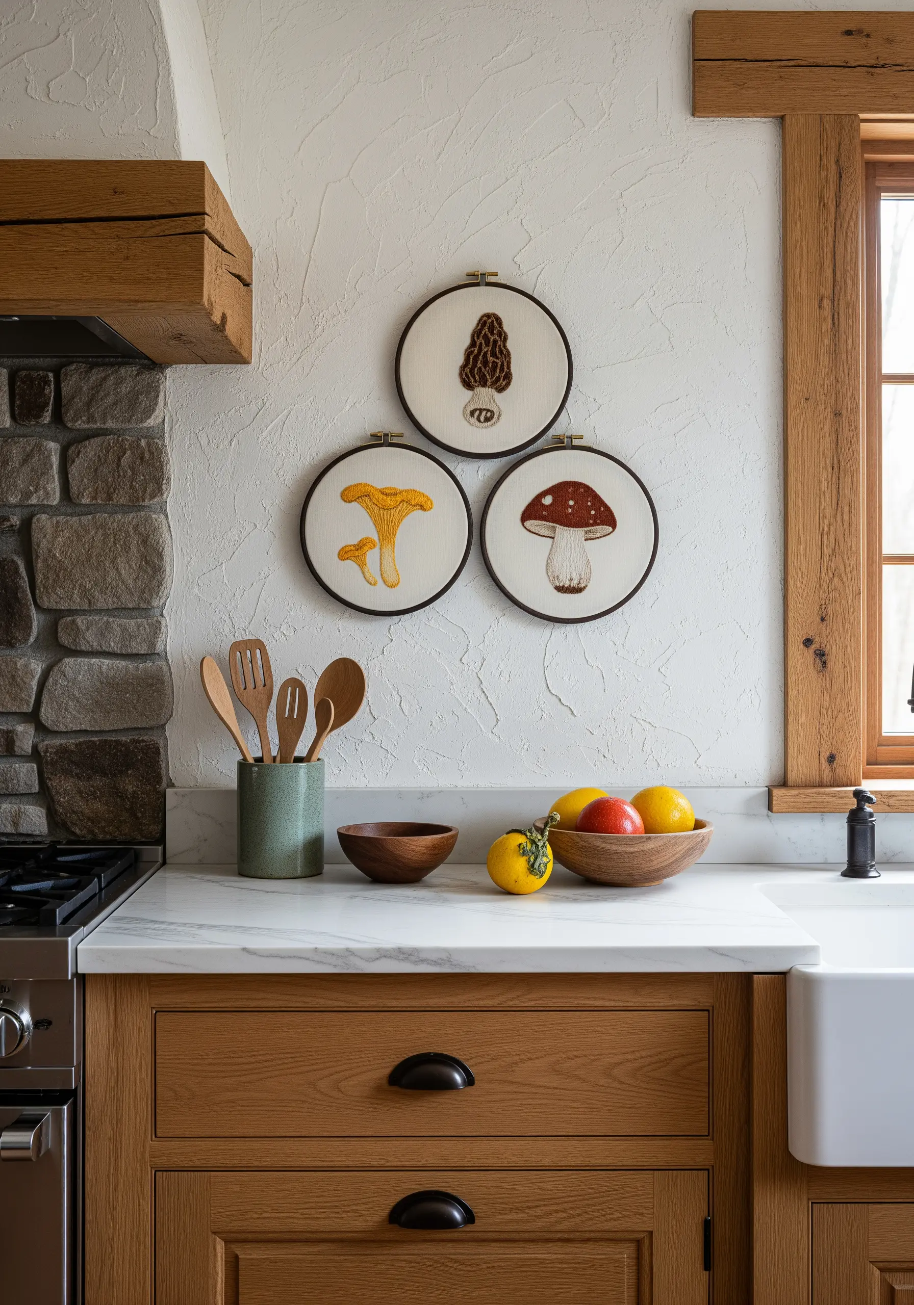 Three embroidery hoops with different types of mushrooms stitched in earthy tones on a textured wall.