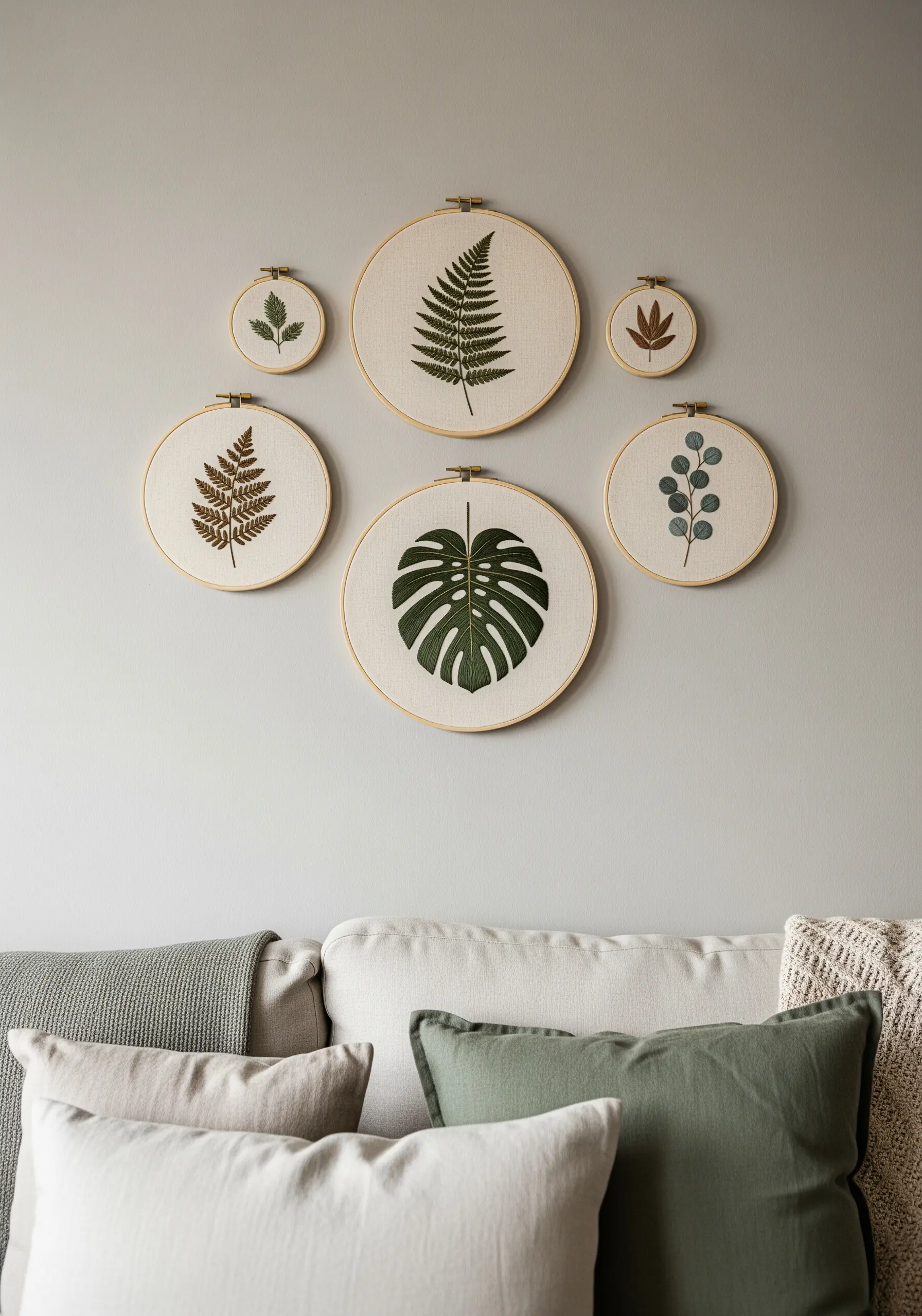 A gallery wall of six embroidery hoops featuring different embroidered green and brown leaves