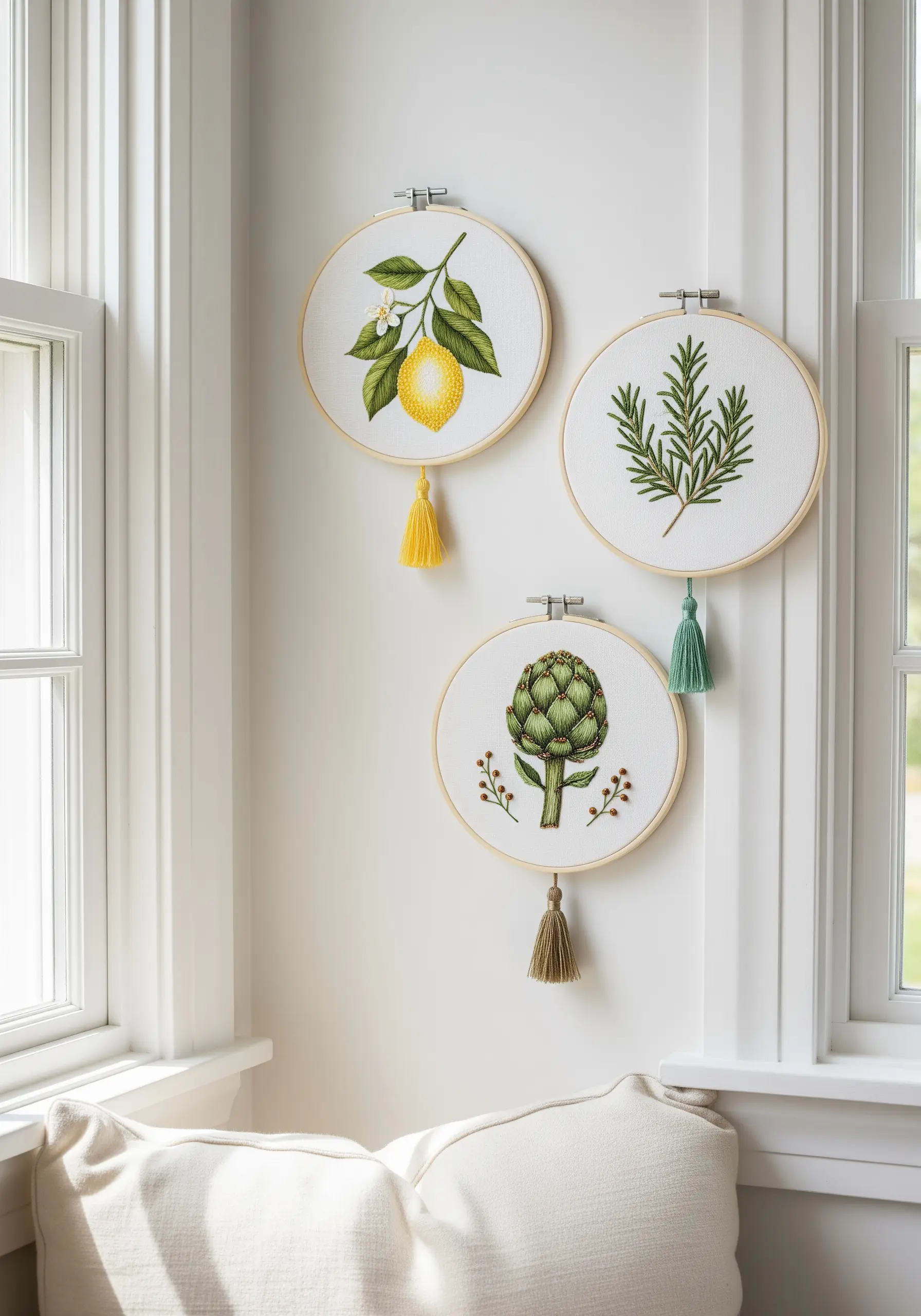 Trio of embroidery hoops with realistic lemon, rosemary, and artichoke motifs, each with a tassel.