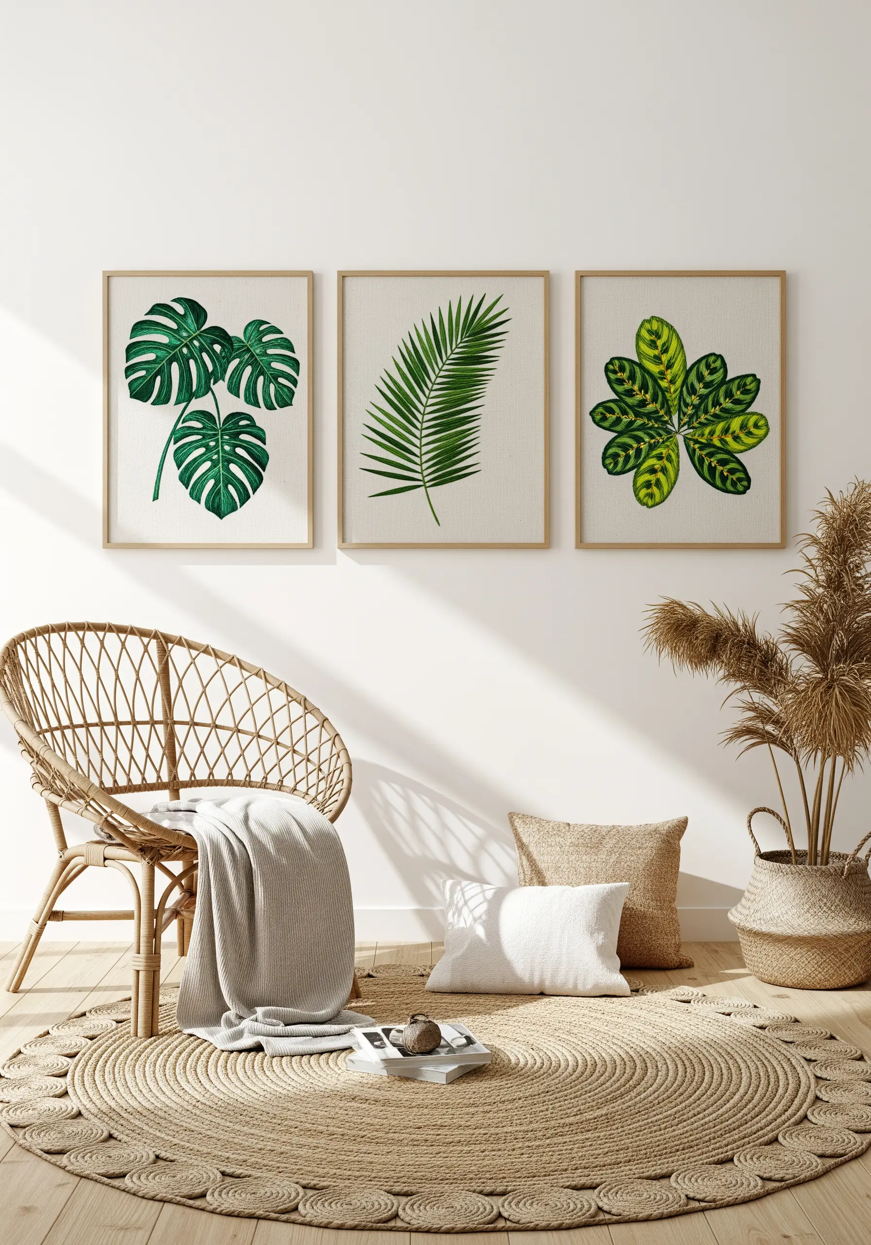 Triptych of framed embroidery featuring a monstera, palm, and calathea leaf.