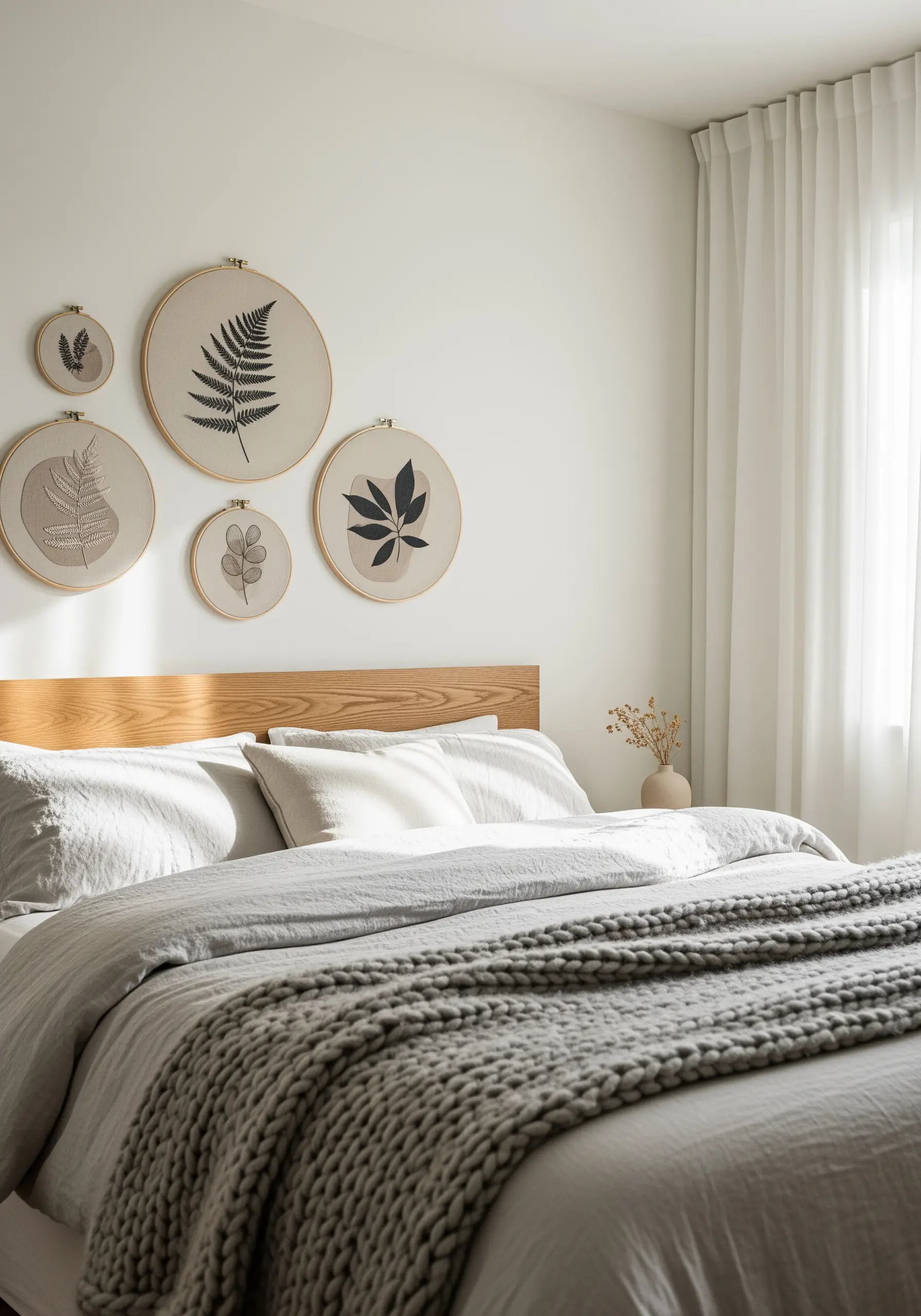 A gallery wall of five embroidery hoops with different botanical leaf motifs in neutral tones.