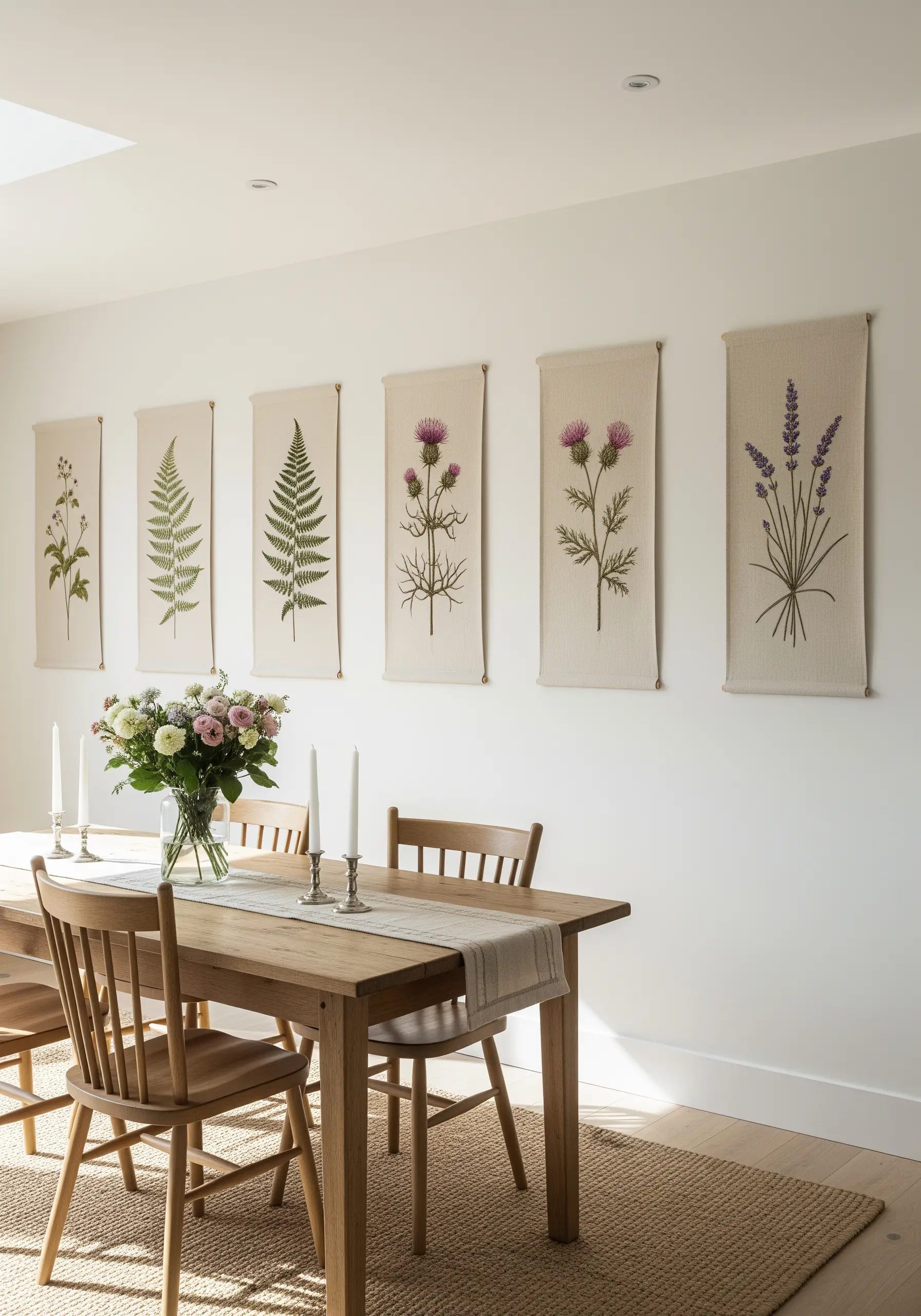A series of six narrow wall hangings, each featuring a different embroidered botanical illustration