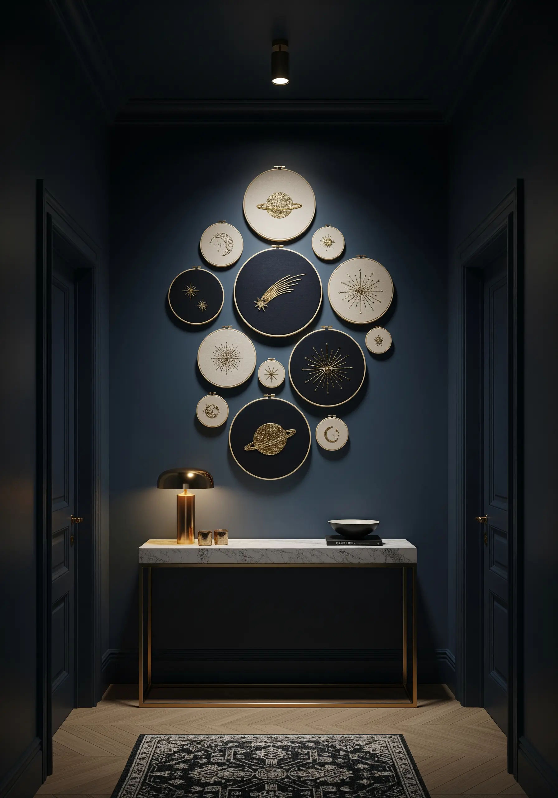 A gallery wall of celestial embroidery hoops with gold thread on dark fabric