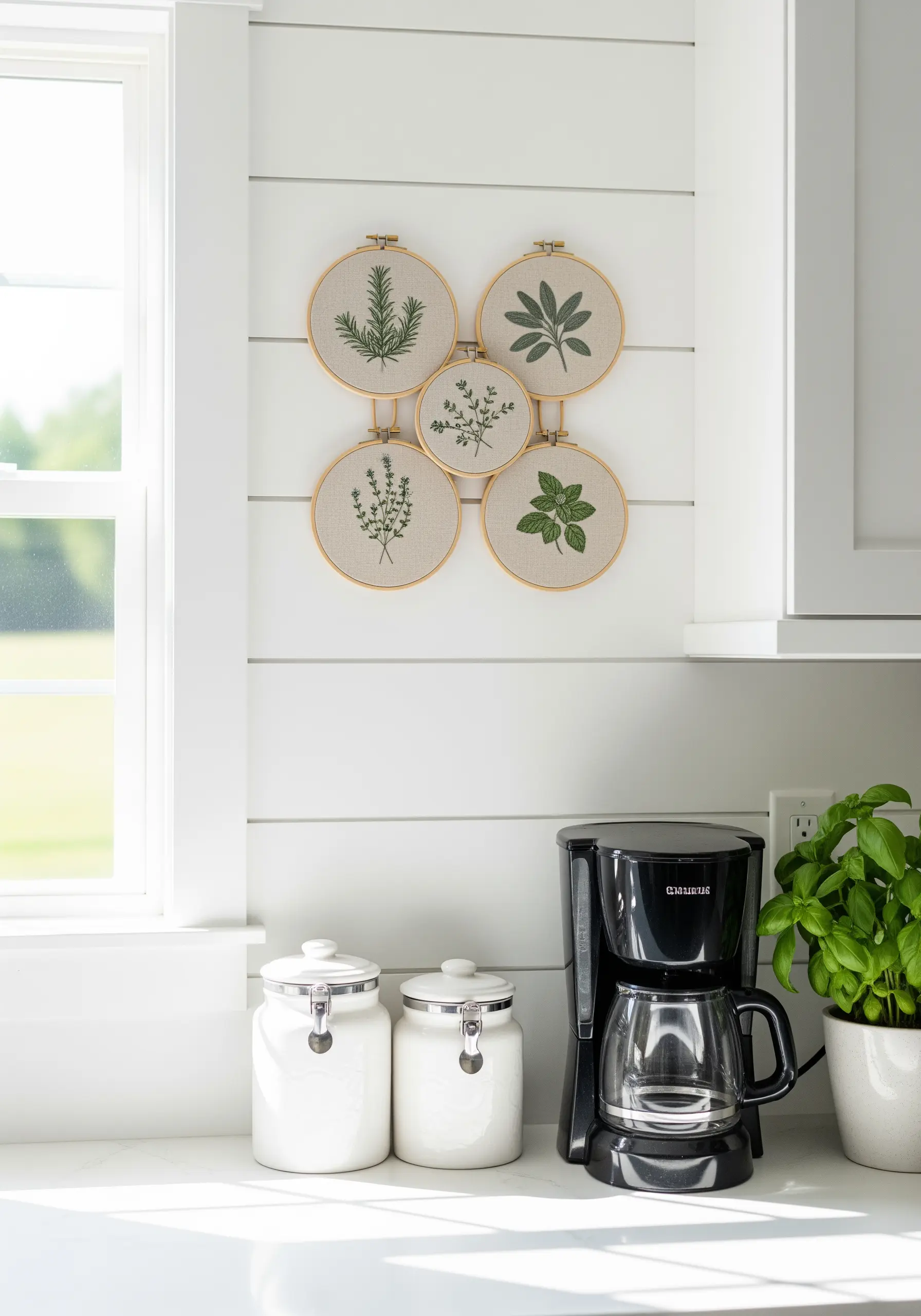 A collection of five embroidery hoops featuring different herbs, arranged on a white wall.
