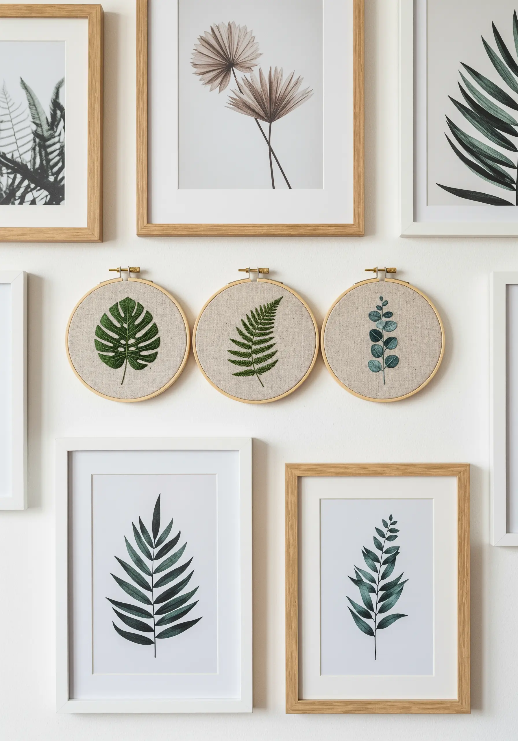 A gallery wall featuring three embroidery hoops with different green leaf designs.