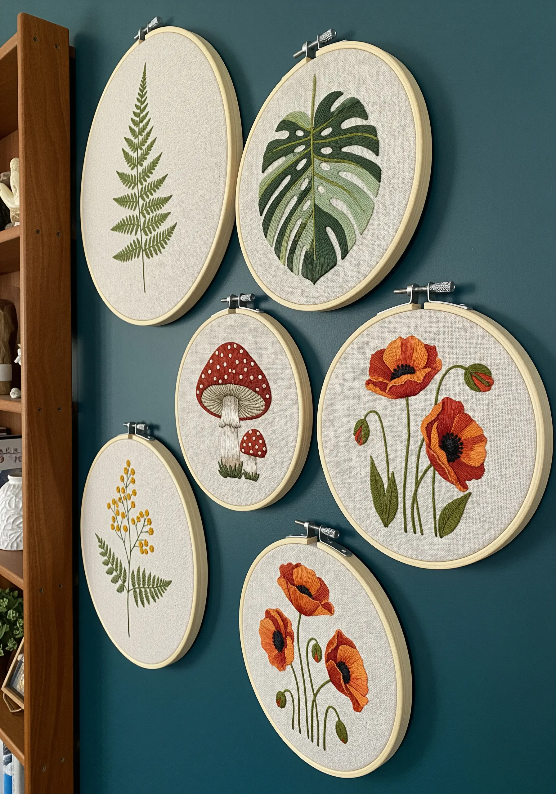 A collection of six embroidery hoops with botanical designs on a dark green wall.