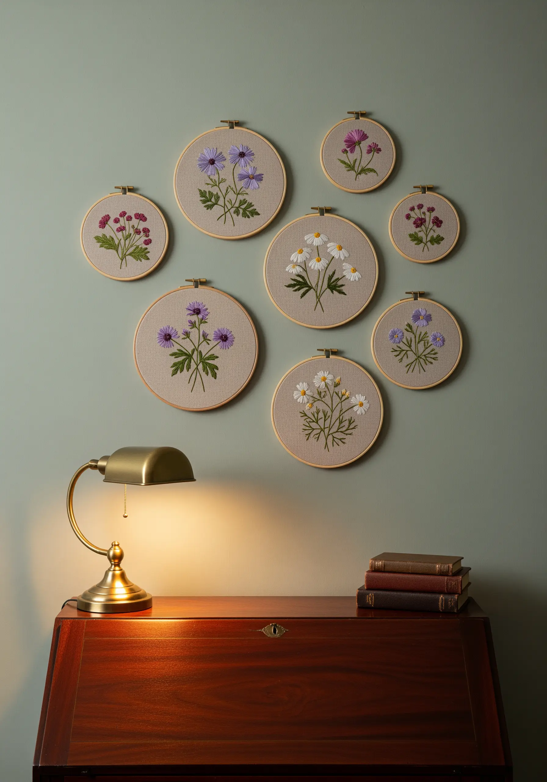 A gallery wall of eight embroidery hoops featuring different floral botanical designs.