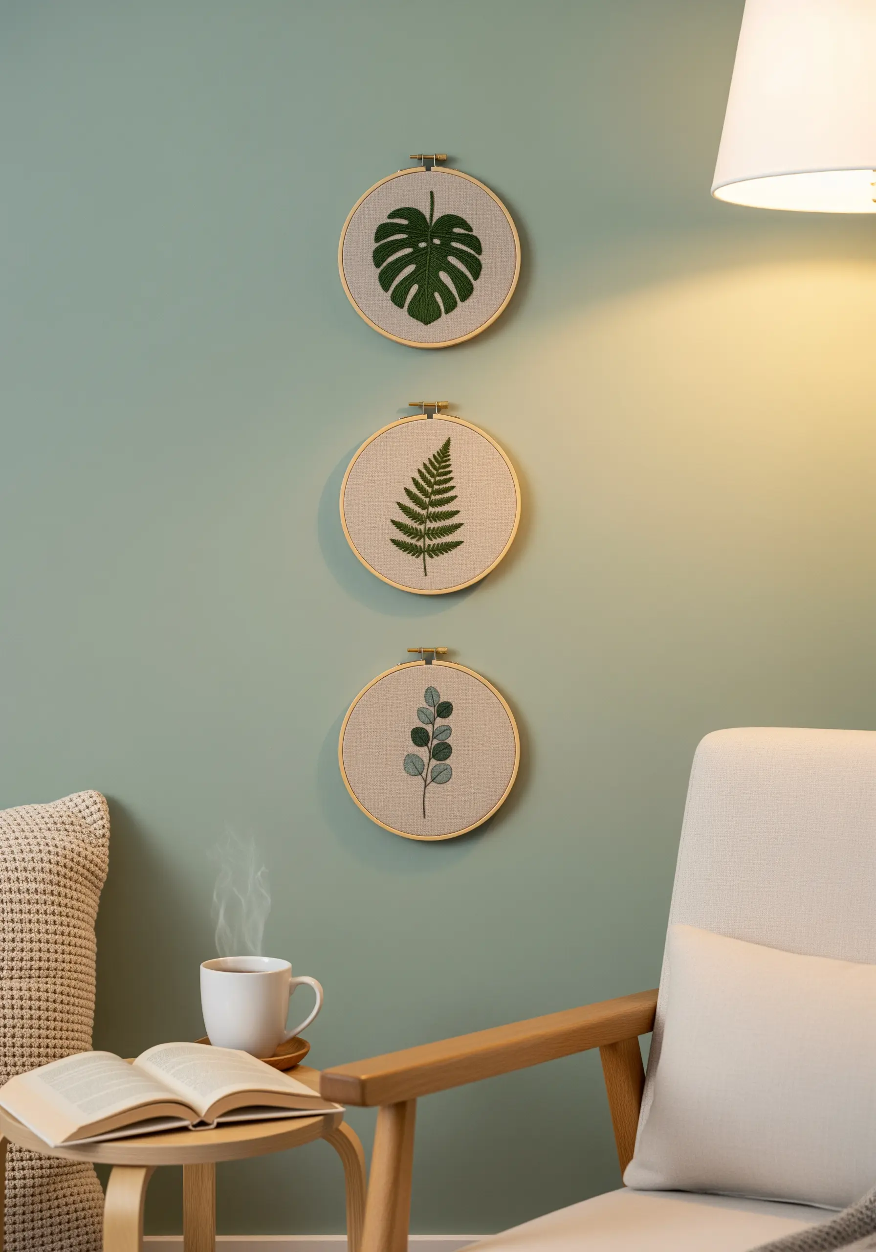Triptych of minimalist botanical embroidery hoops: monstera, fern, and eucalyptus.