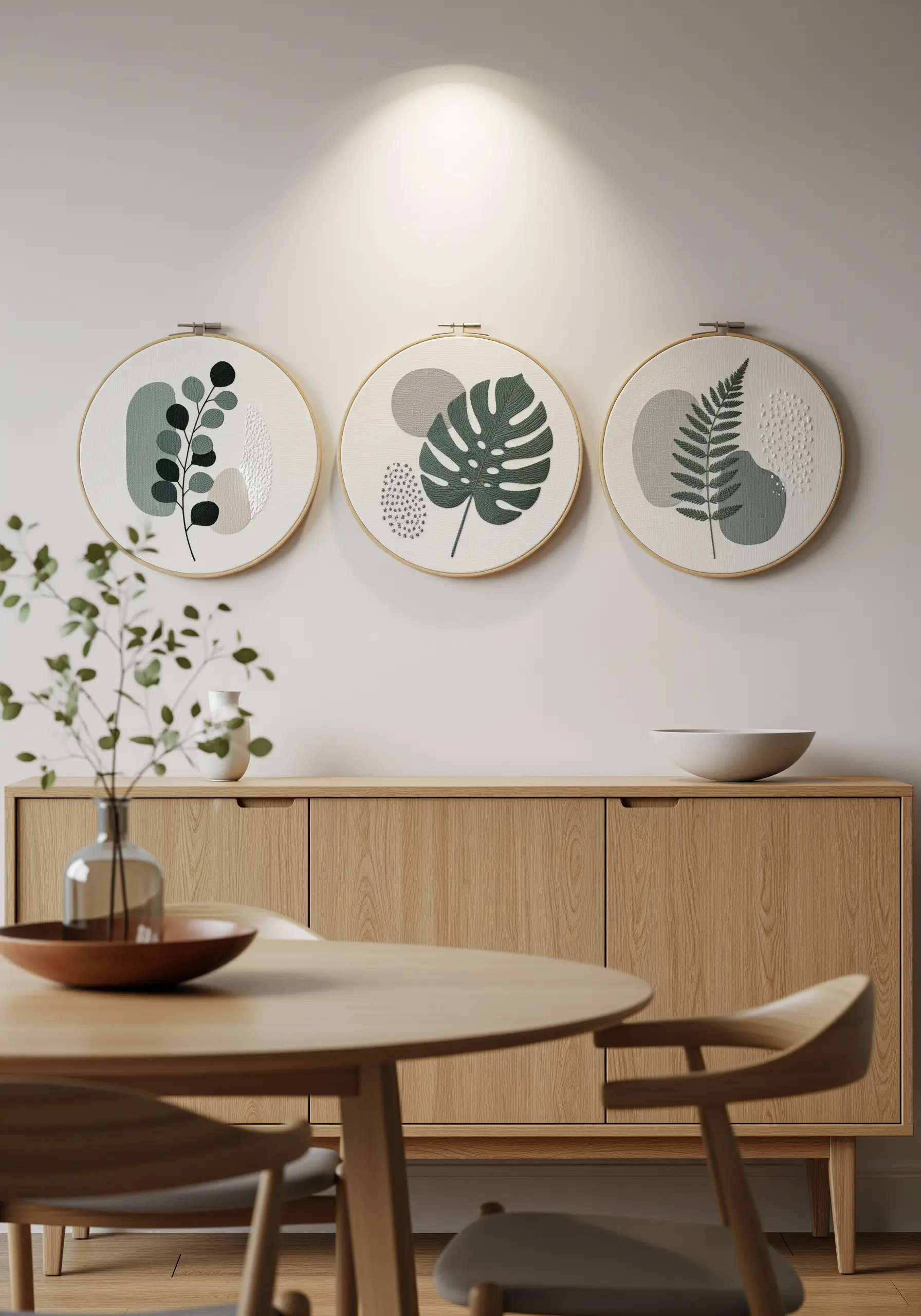A trio of embroidery hoops with minimalist botanical designs in sage green and grey.
