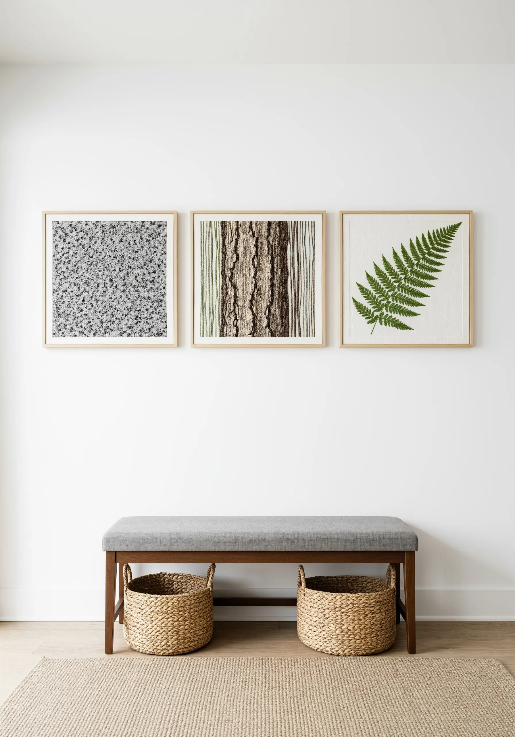 A gallery wall with three framed embroidery pieces depicting stone, bark, and fern textures.