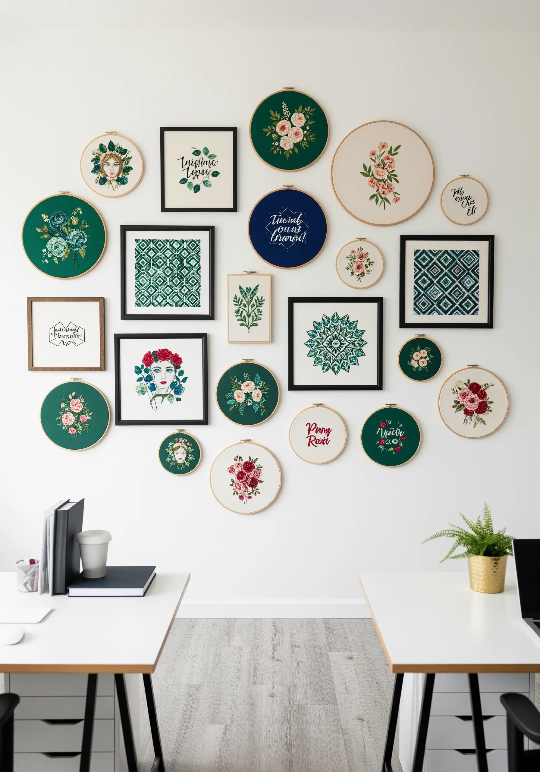 A gallery wall of embroidery hoops and frames in various sizes, all unified by a green and pink color palette.