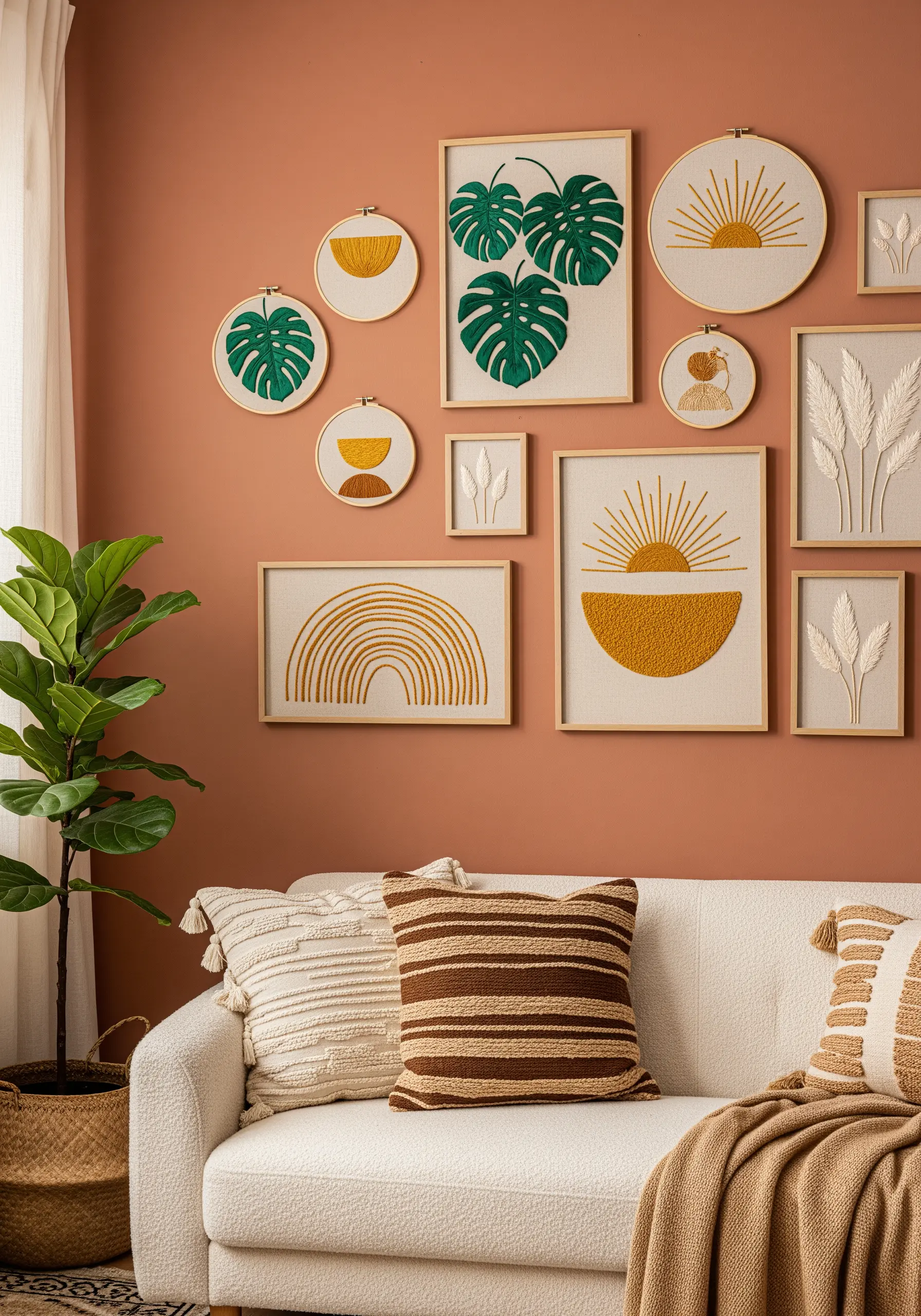 A gallery wall of framed embroidery with boho suns, rainbows, and monstera leaves.